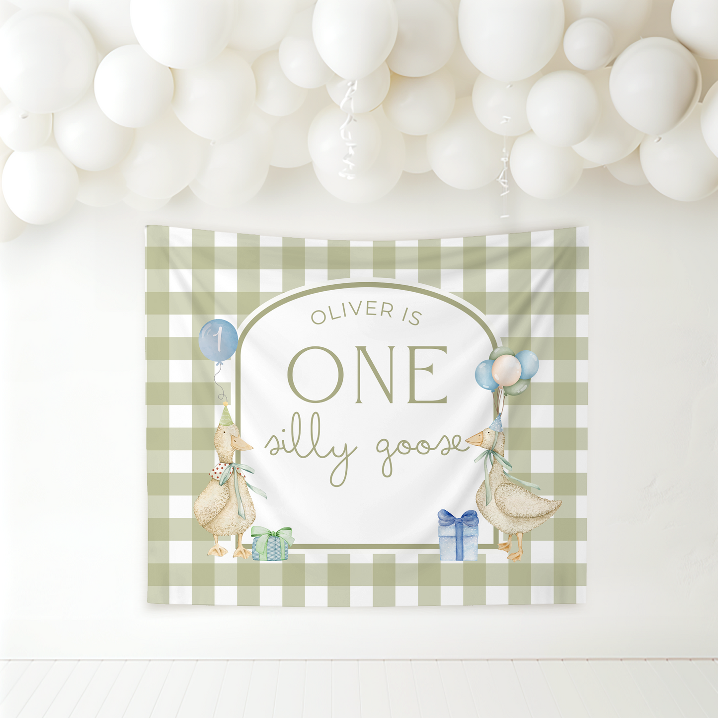 Green Gingham One Silly Goose Birthday Personalized Banner