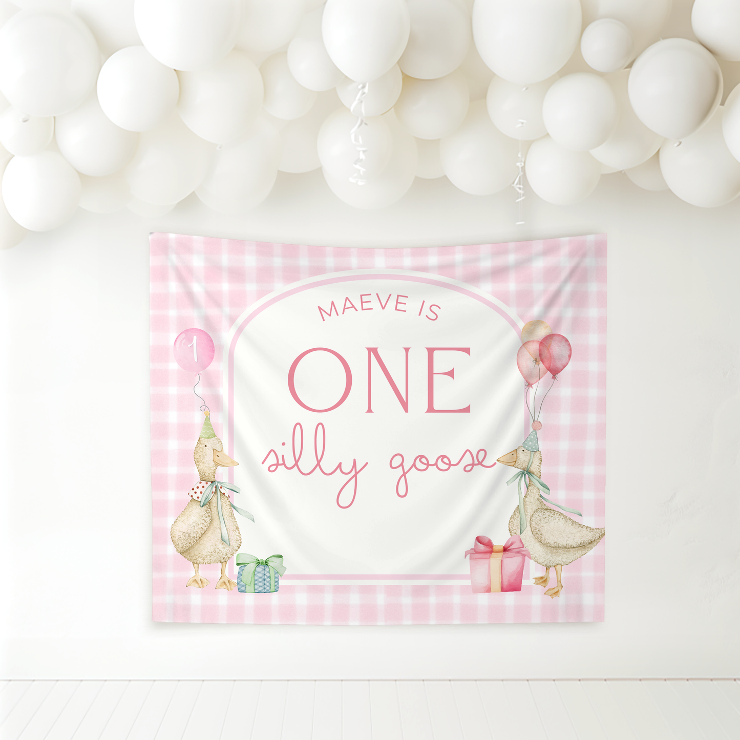 Pink Gingham One Silly Goose Birthday Personalized Banner