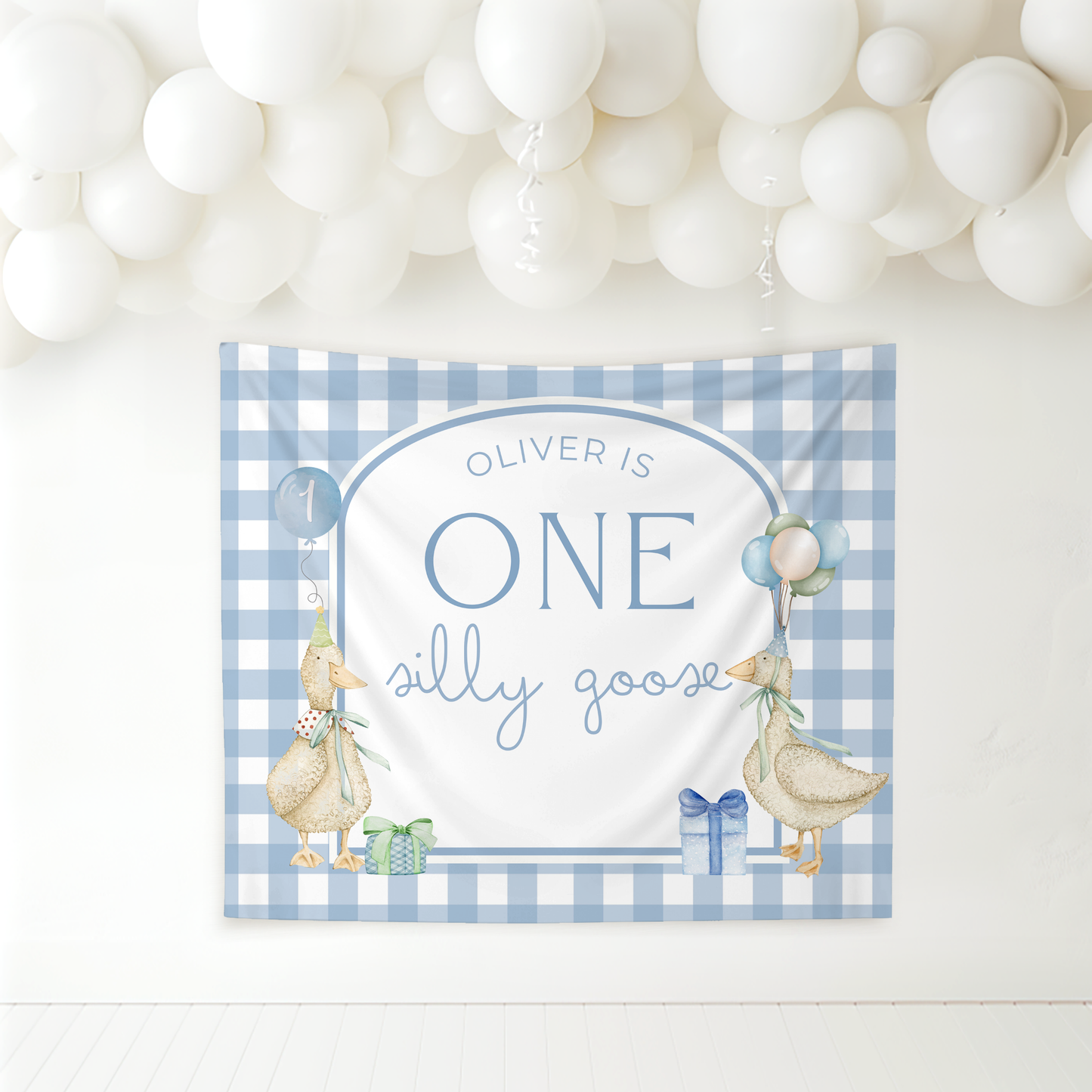 Blue Gingham One Silly Goose Birthday Personalized Banner