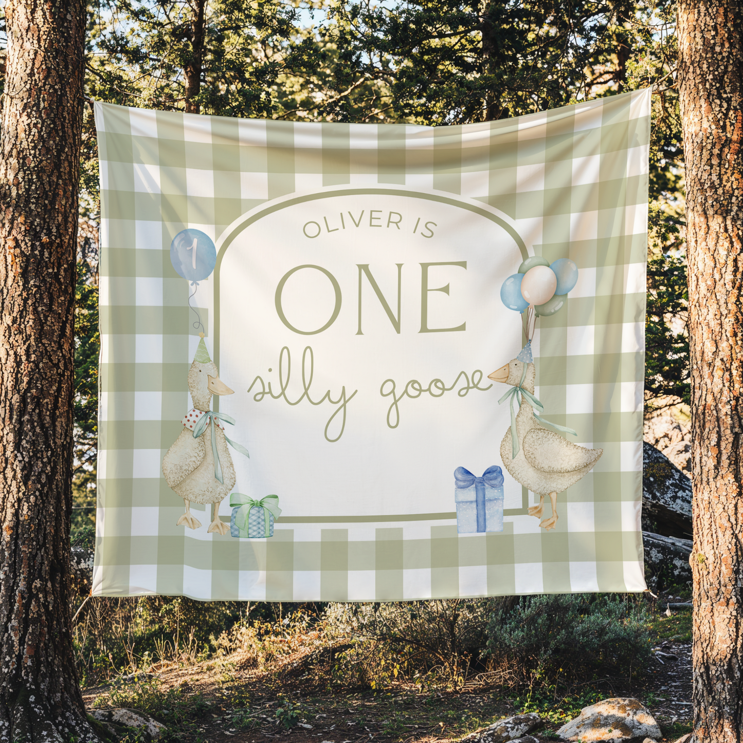 Green Gingham One Silly Goose Birthday Personalized Banner