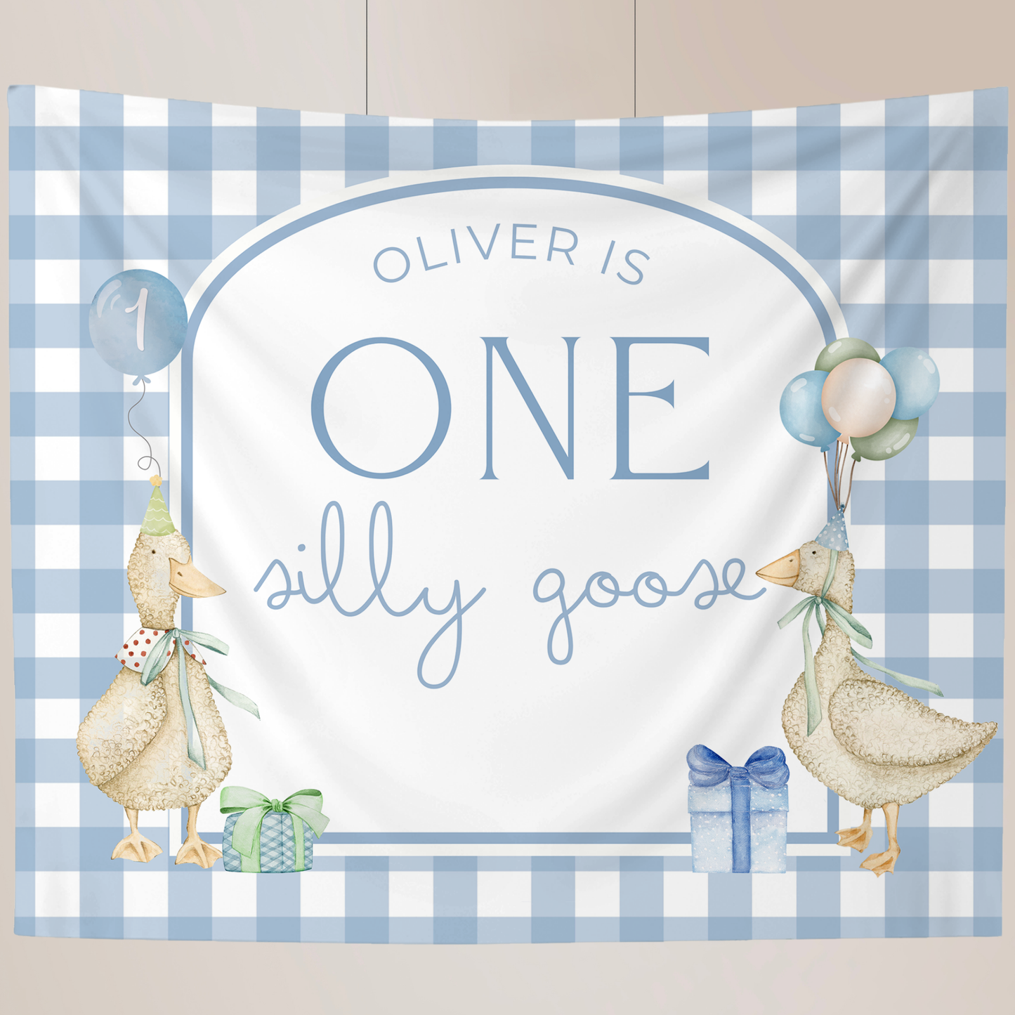 Blue Gingham One Silly Goose Birthday Personalized Banner