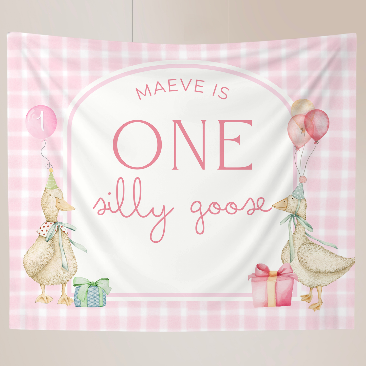 Pink Gingham One Silly Goose Birthday Personalized Banner