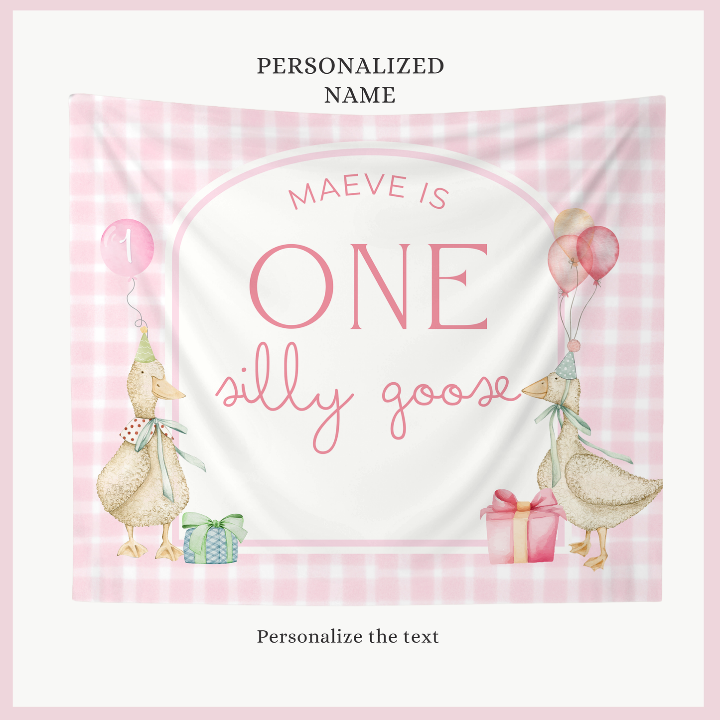 Pink Gingham One Silly Goose Birthday Personalized Banner