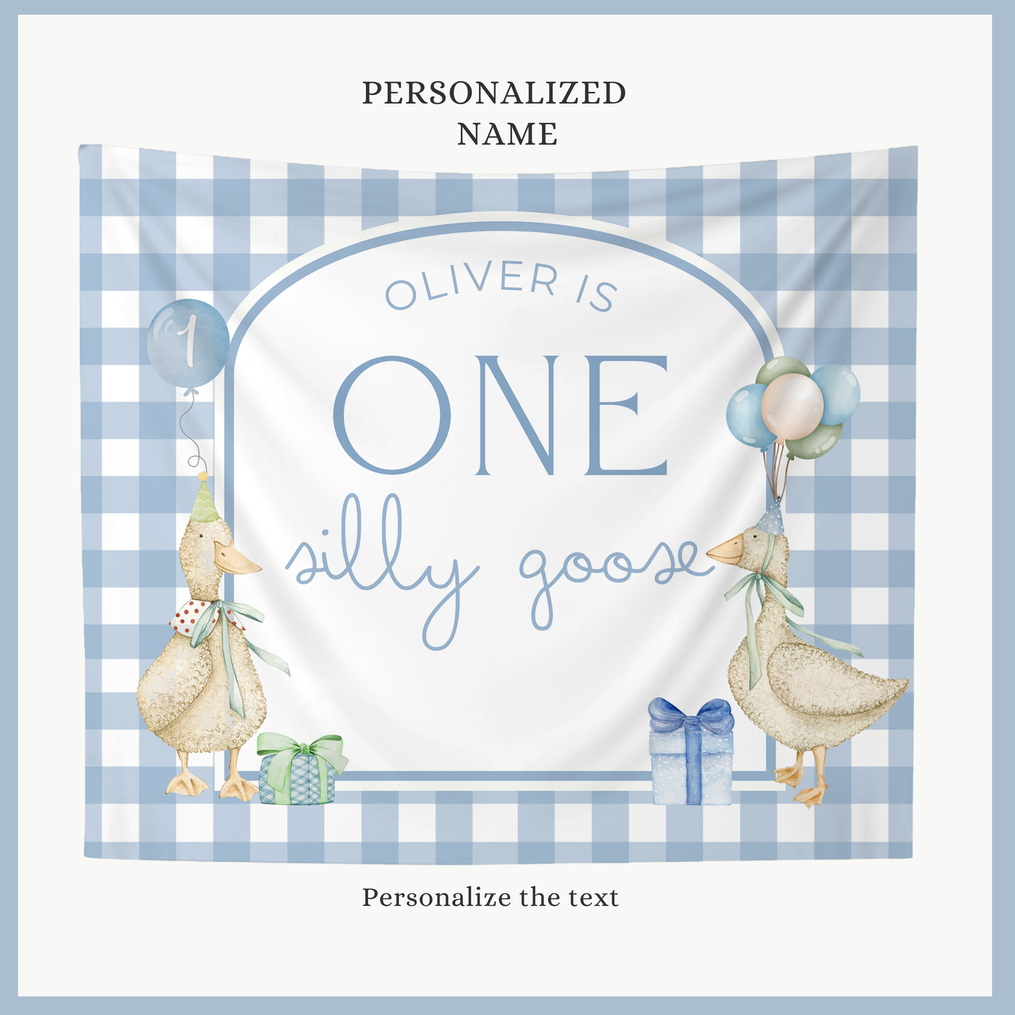 Blue Gingham One Silly Goose Birthday Personalized Banner