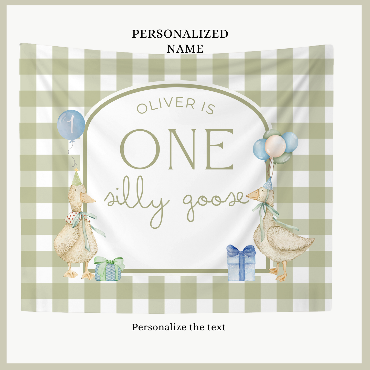 Green Gingham One Silly Goose Birthday Personalized Banner