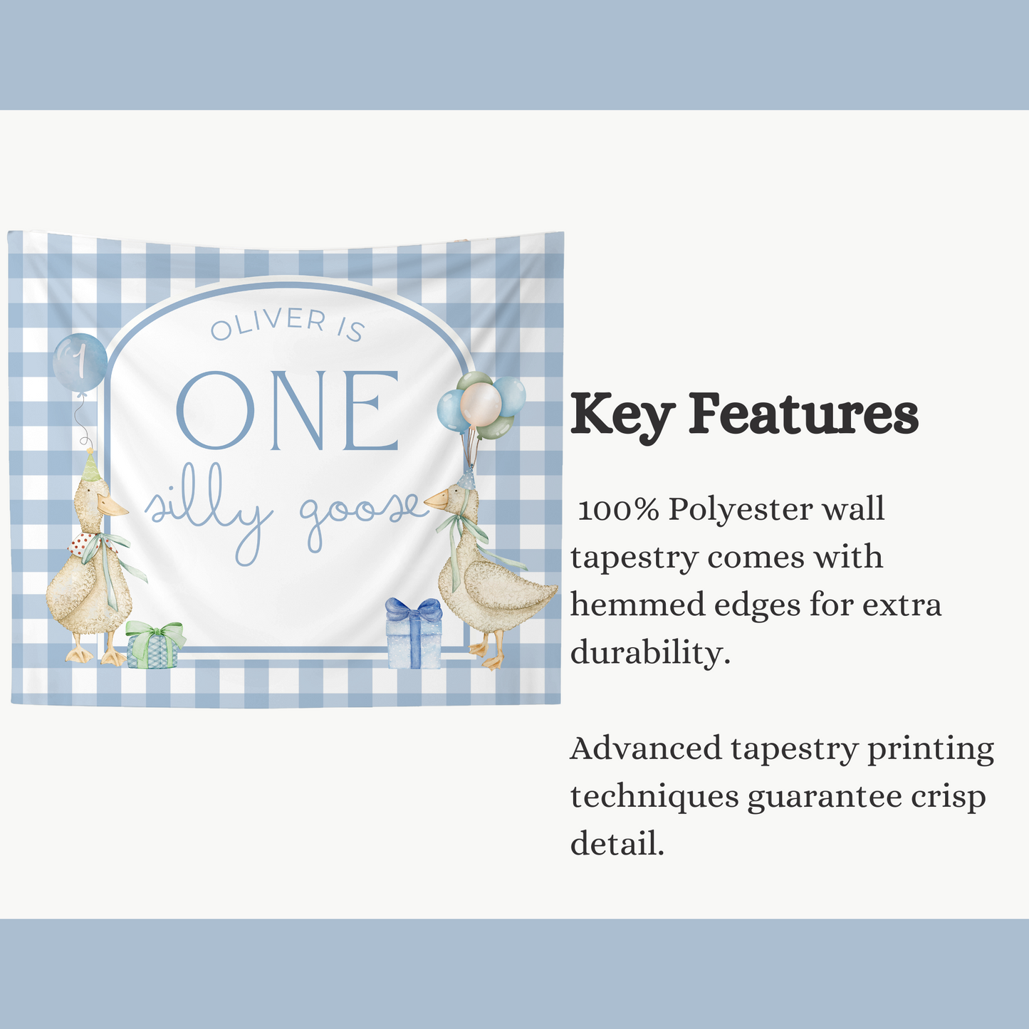 Blue Gingham One Silly Goose Birthday Personalized Banner