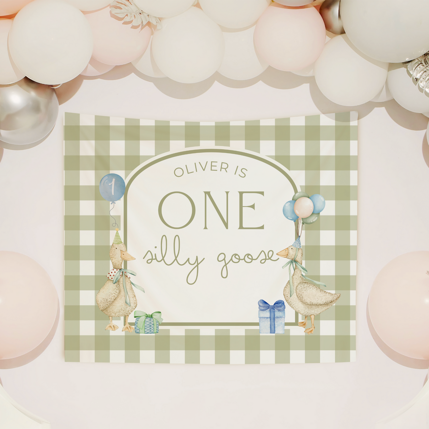 Green Gingham One Silly Goose Birthday Personalized Banner
