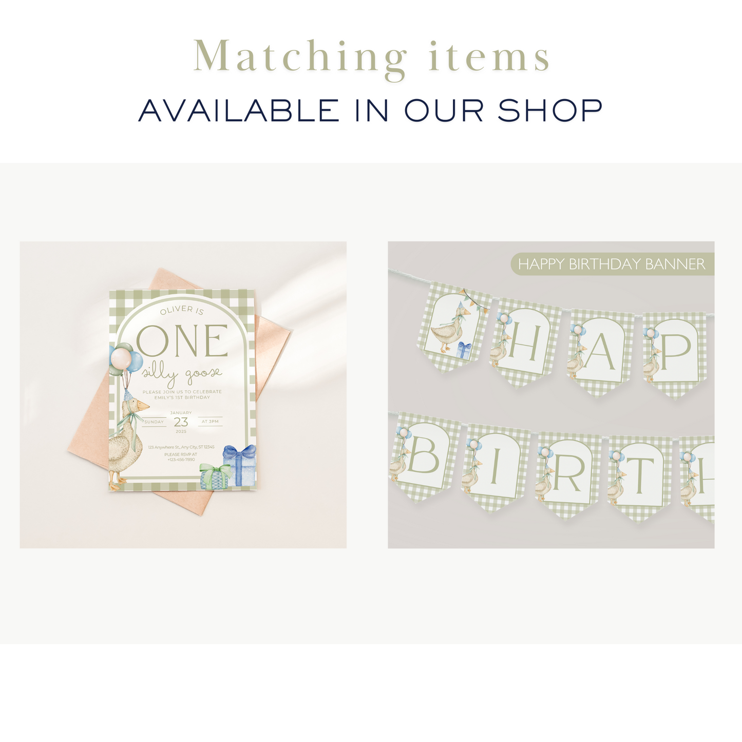 Green Gingham One Silly Goose Birthday Personalized Banner
