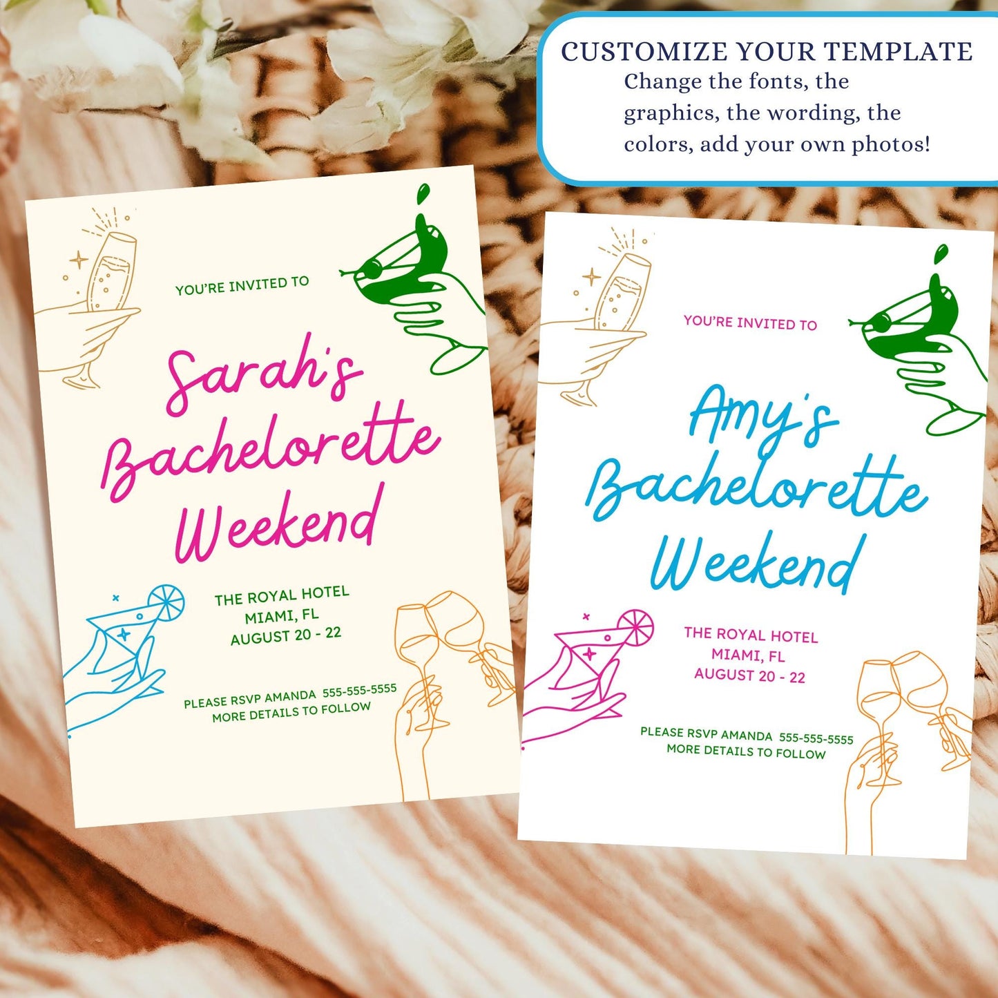 Colorful Bachelorette Party Invitation Cocktail Bachelorette Printable Bridal Party Itinerary intvite Hen's party template editable in canva