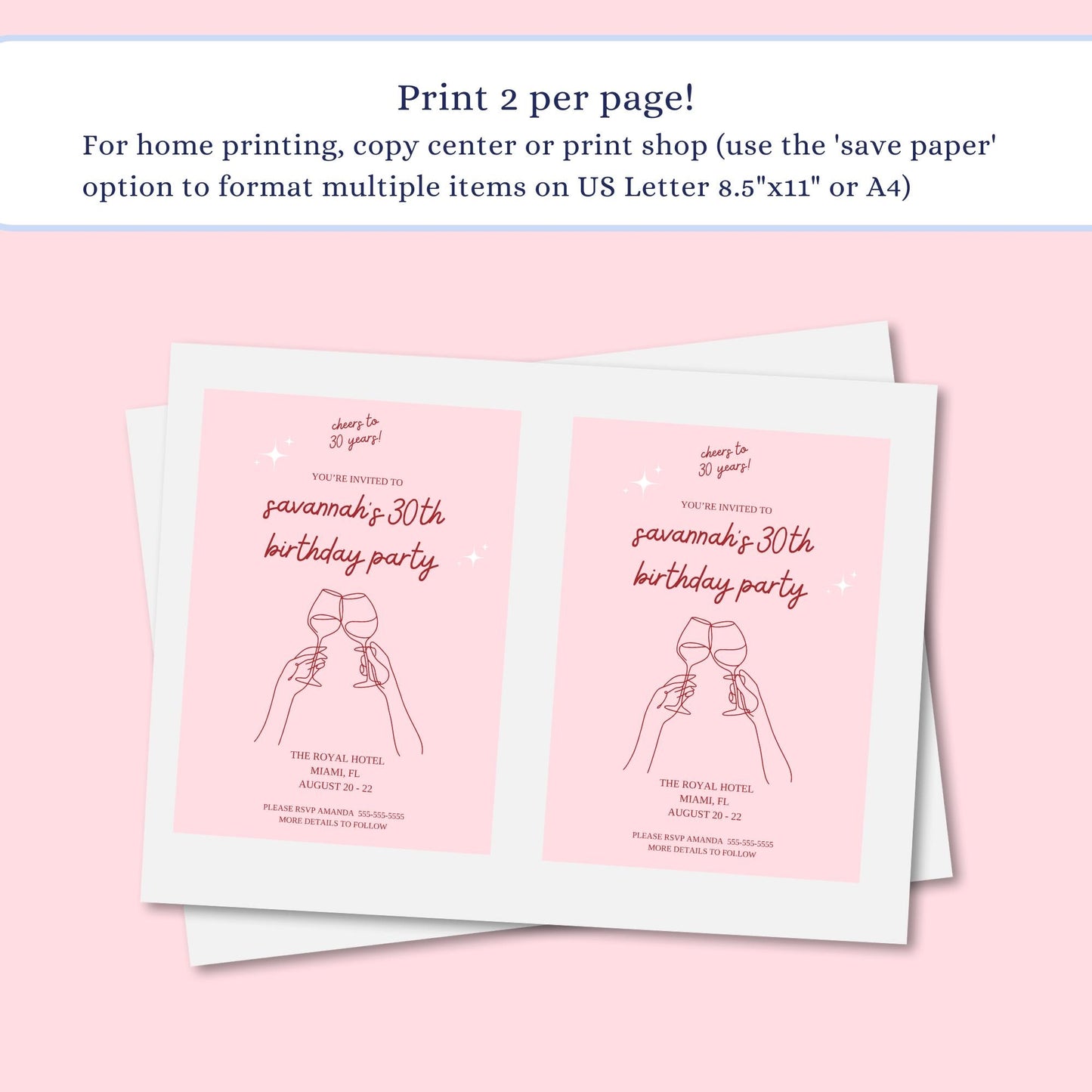 Cheers to 30 Years invitation Aesthetic Birthday invite Modern Birthday evite Template Pink Birthday Decor Wine Birthday 40th 50th 60th