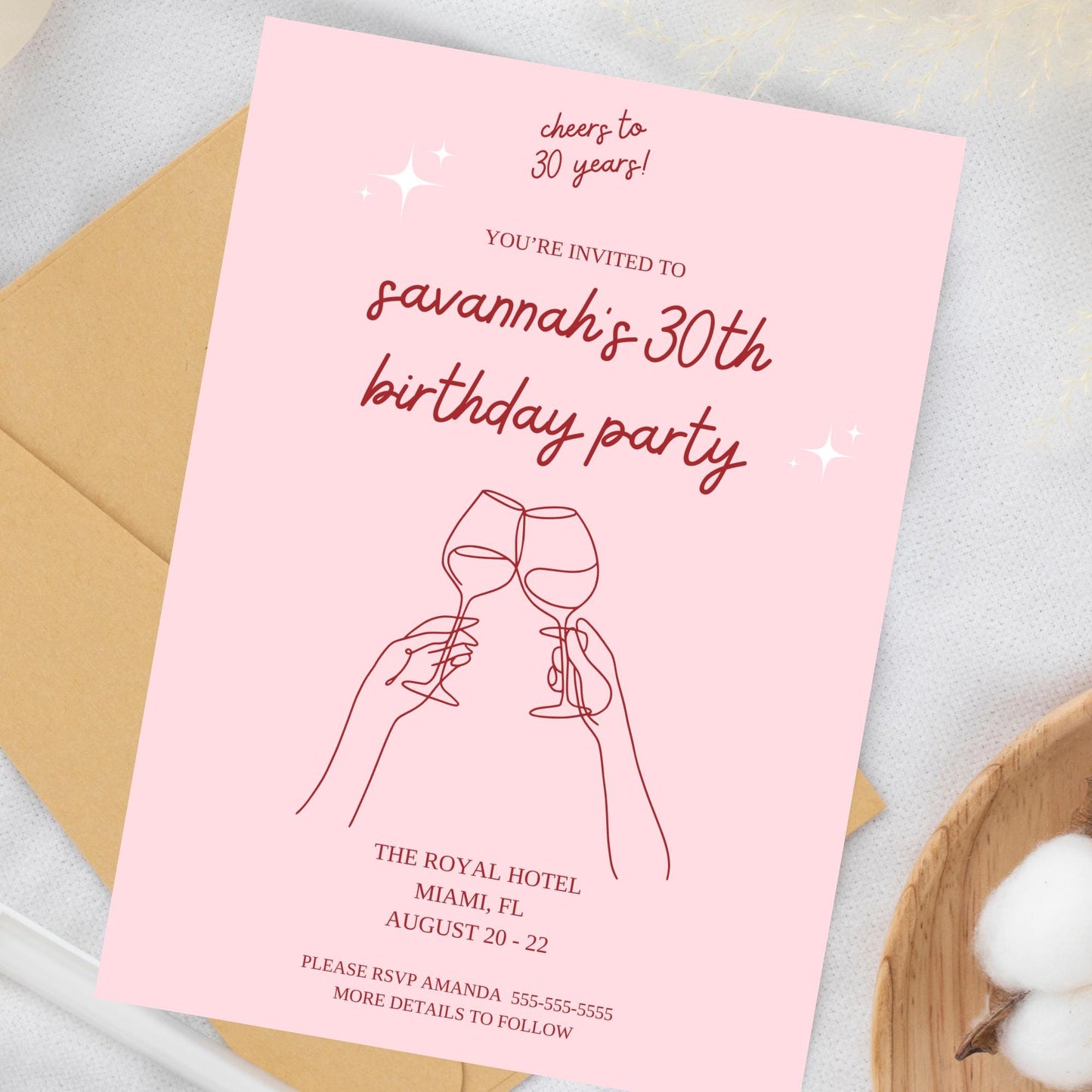 Cheers to 30 Years invitation Aesthetic Birthday invite Modern Birthday evite Template Pink Birthday Decor Wine Birthday 40th 50th 60th