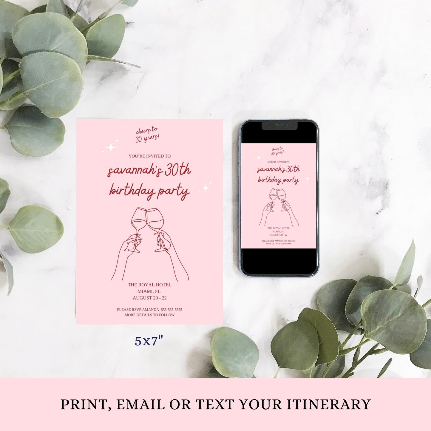 Cheers to 30 Years invitation Aesthetic Birthday invite Modern Birthday evite Template Pink Birthday Decor Wine Birthday 40th 50th 60th