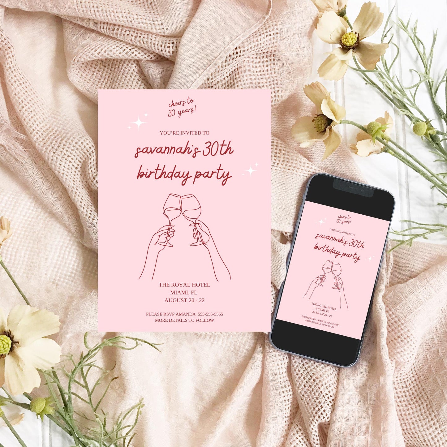 Cheers to 30 Years invitation Aesthetic Birthday invite Modern Birthday evite Template Pink Birthday Decor Wine Birthday 40th 50th 60th