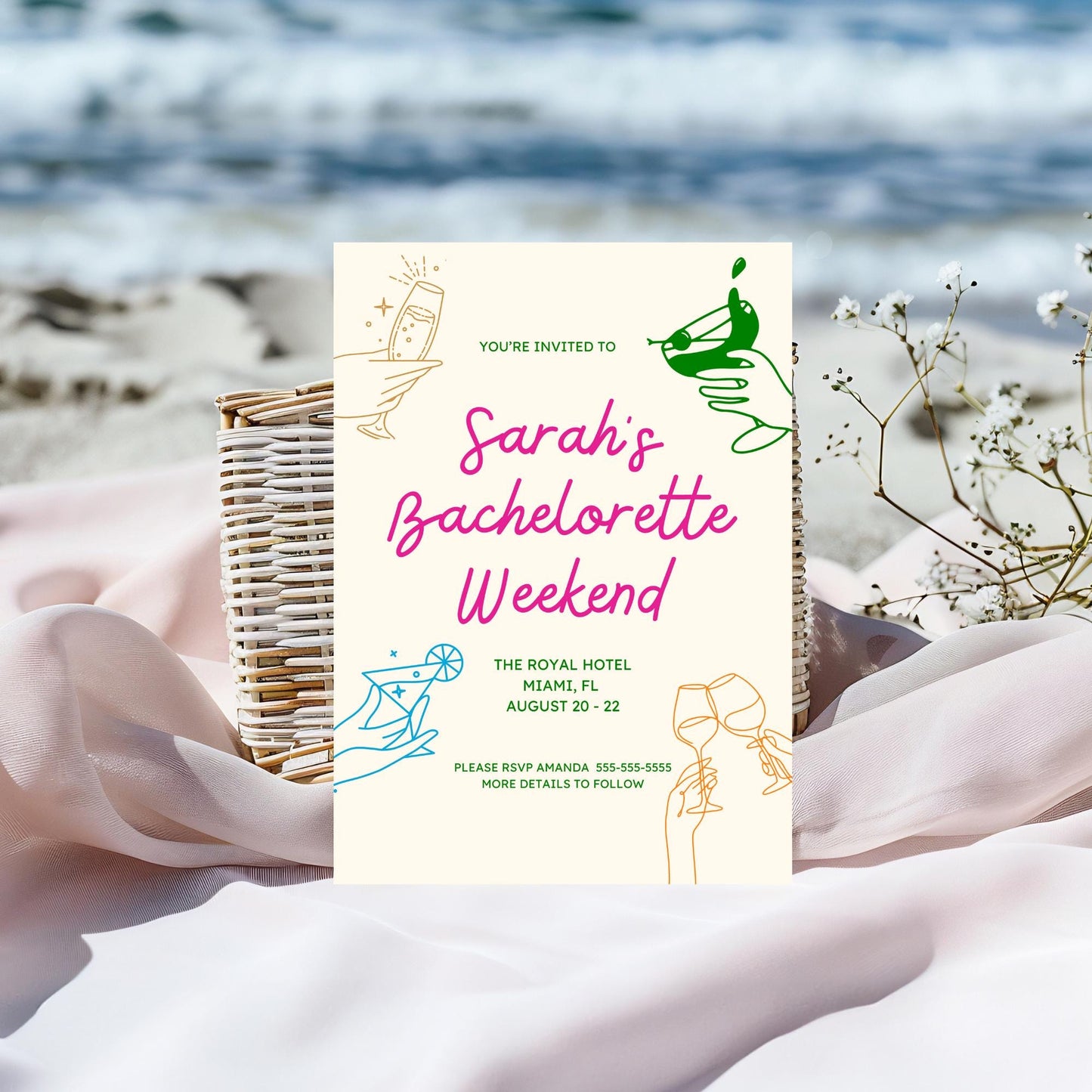 Colorful Bachelorette Party Invitation Cocktail Bachelorette Printable Bridal Party Itinerary intvite Hen's party template editable in canva