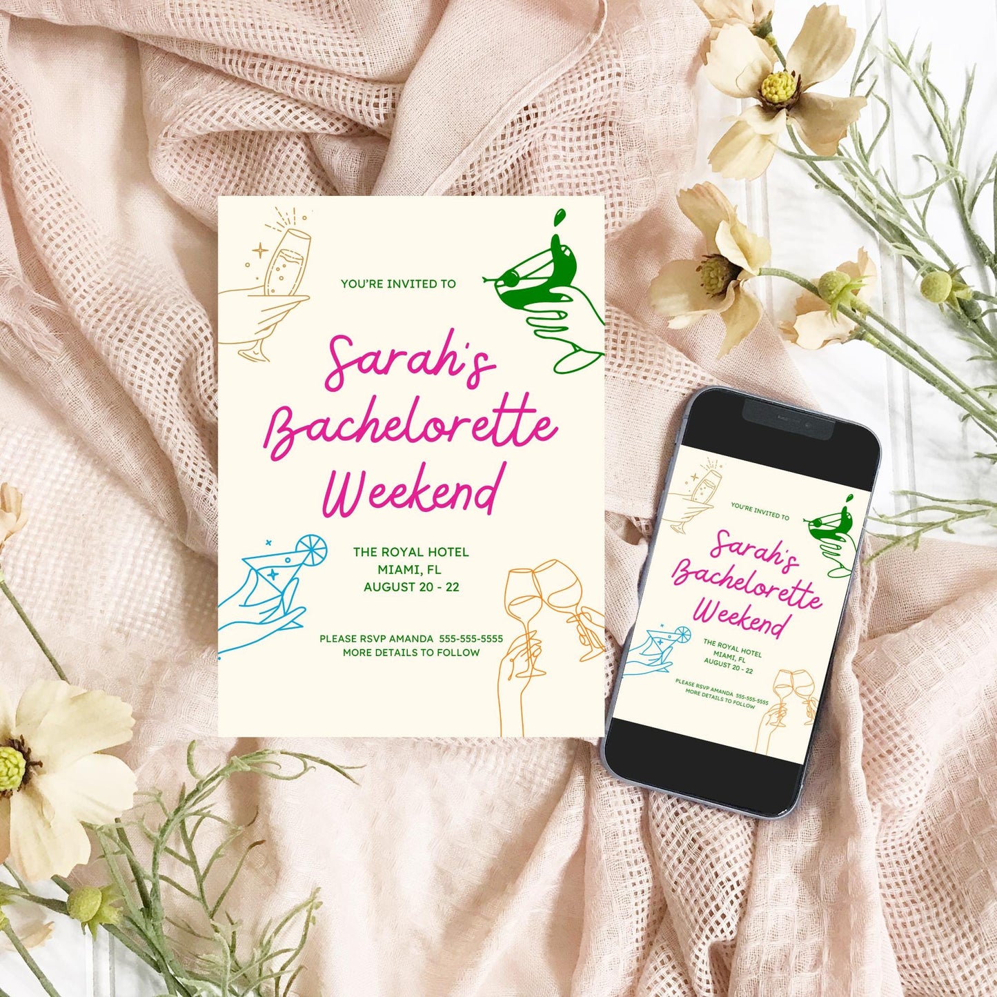 Colorful Bachelorette Party Invitation Cocktail Bachelorette Printable Bridal Party Itinerary intvite Hen's party template editable in canva