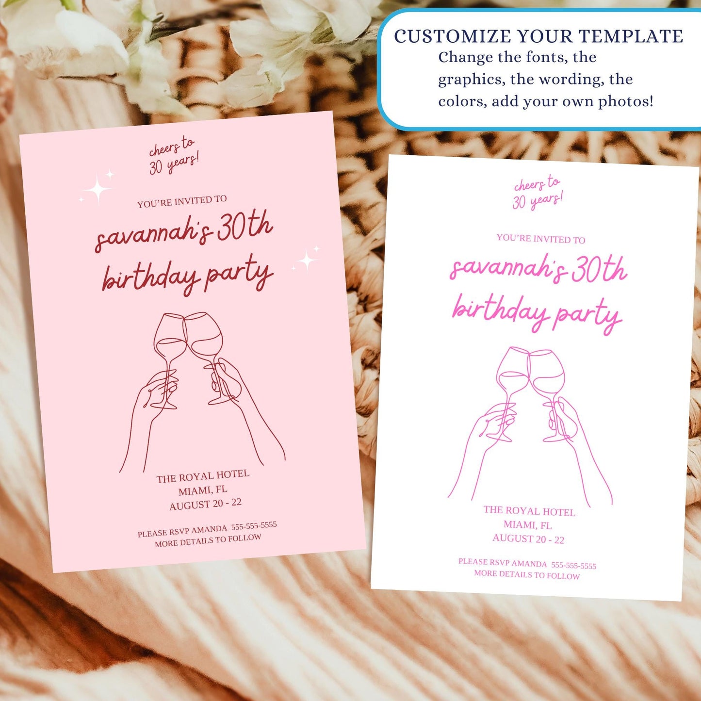 Cheers to 30 Years invitation Aesthetic Birthday invite Modern Birthday evite Template Pink Birthday Decor Wine Birthday 40th 50th 60th