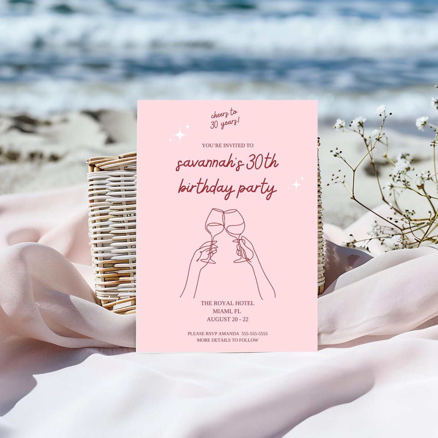 Cheers to 30 Years invitation Aesthetic Birthday invite Modern Birthday evite Template Pink Birthday Decor Wine Birthday 40th 50th 60th