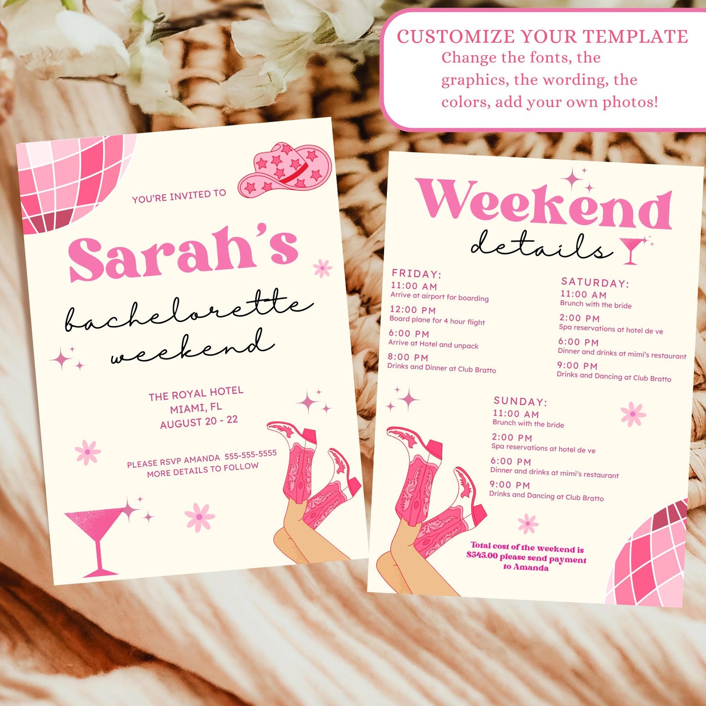 Disco Cowgirl Bach Printable Invitation Bachelorette Party Invite Bundle Bachelorette Weekend Hen party itinerary Hunt Lets go girls