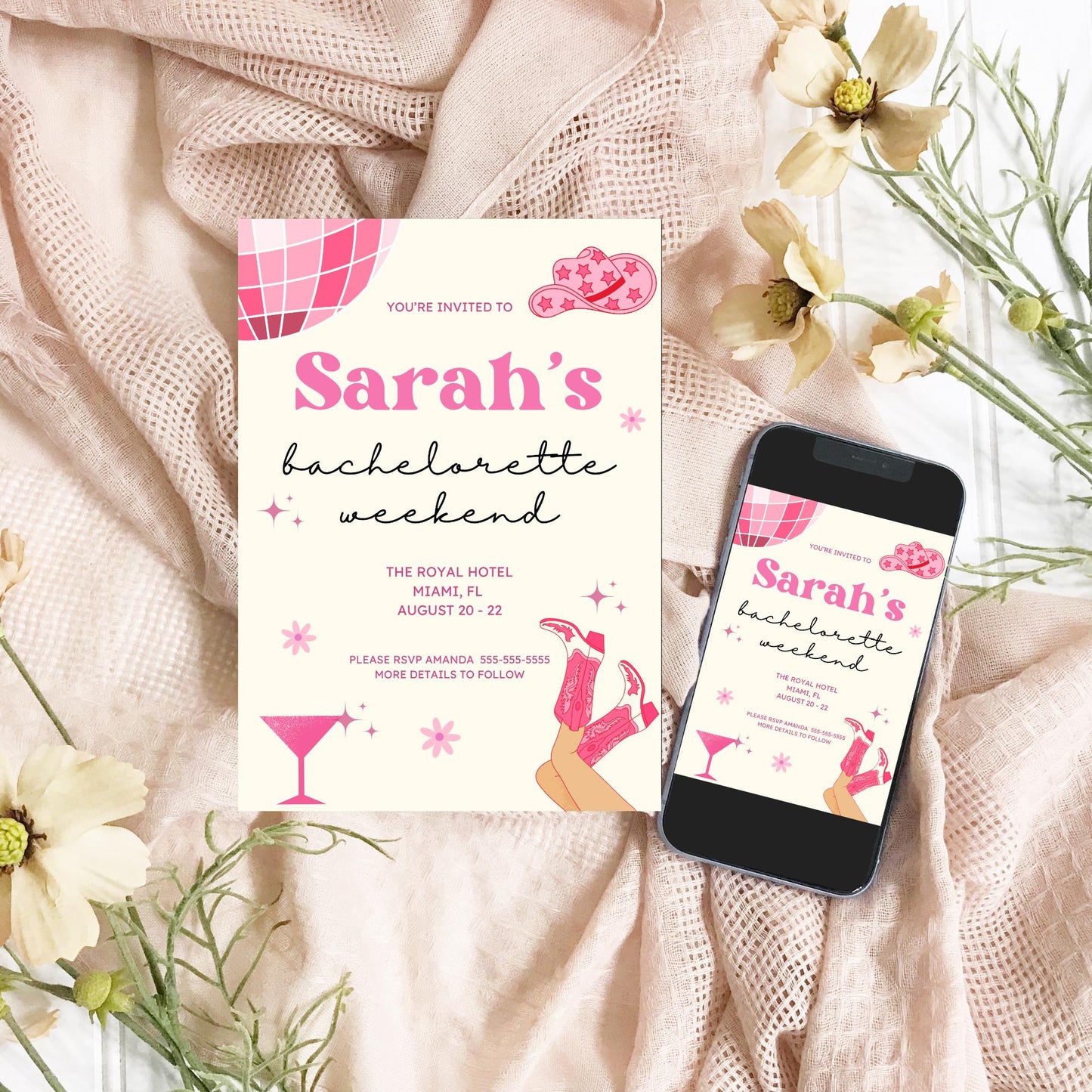 Disco Cowgirl Bach Printable Invitation Bachelorette Party Invite Bundle Bachelorette Weekend Hen party itinerary Hunt Lets go girls
