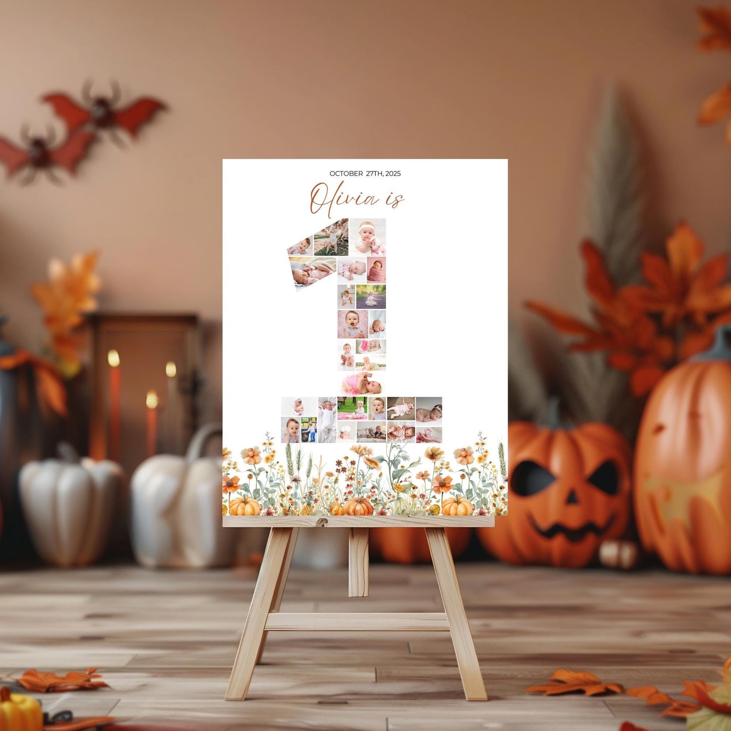 Pumpkin First Birthday Sign Photo Collage Editable Little Pumpkin is One Monthly Banner Fall Bday Monthly Photo Banner Milestone photo sign