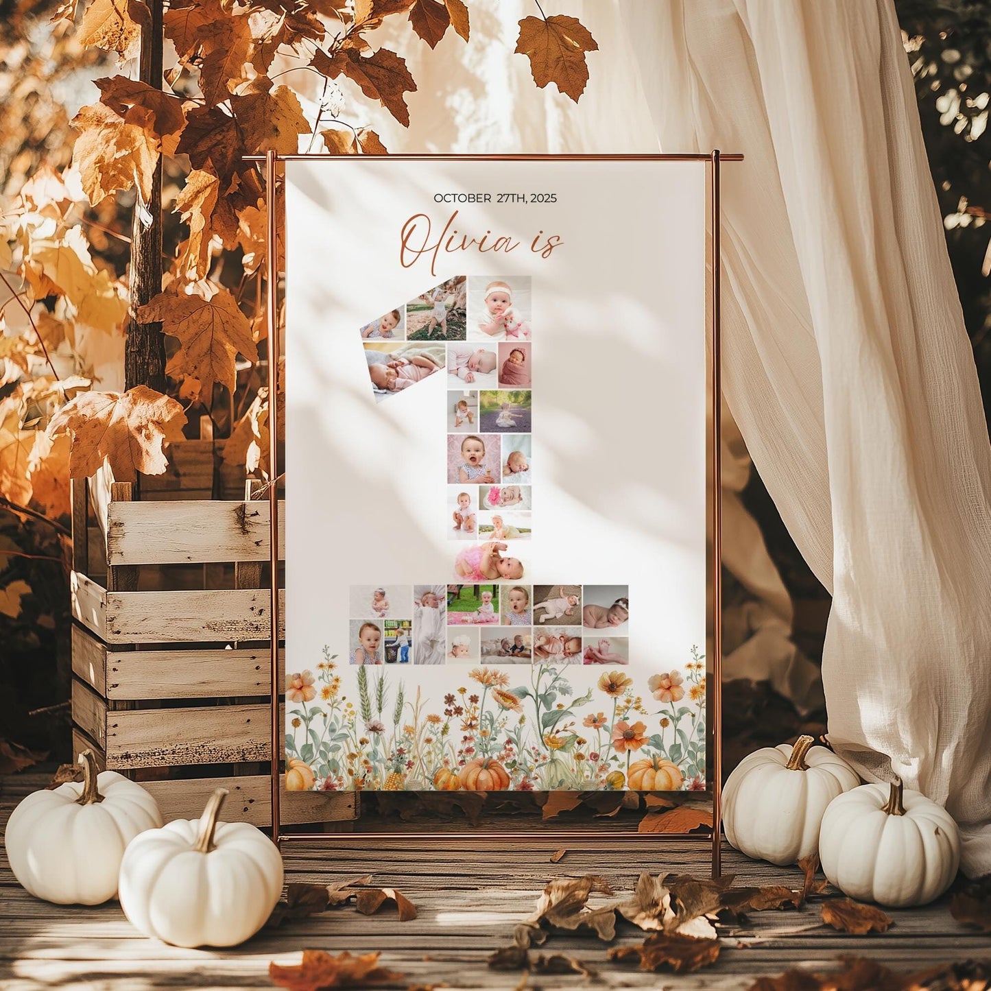 Pumpkin First Birthday Sign Photo Collage Editable Little Pumpkin is One Monthly Banner Fall Bday Monthly Photo Banner Milestone photo sign