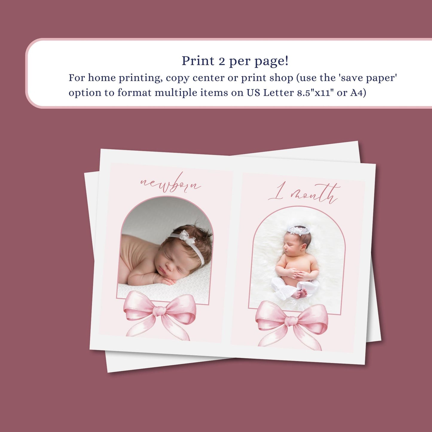 Pink Bow First Birthday Photo Banner Girl 1st Year Milestone Bunting Ribbon Monthly Photo Display 12 Month Garland Editable Template