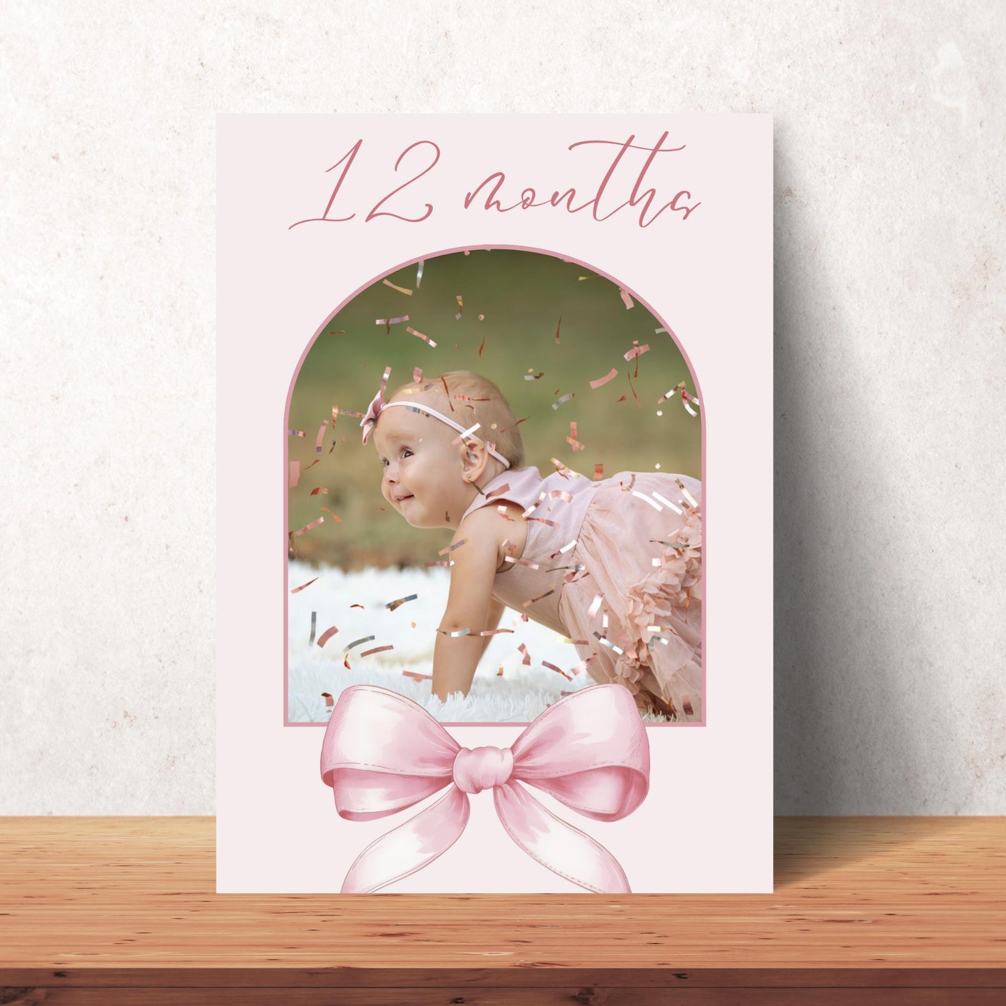 Pink Bow First Birthday Photo Banner Girl 1st Year Milestone Bunting Ribbon Monthly Photo Display 12 Month Garland Editable Template