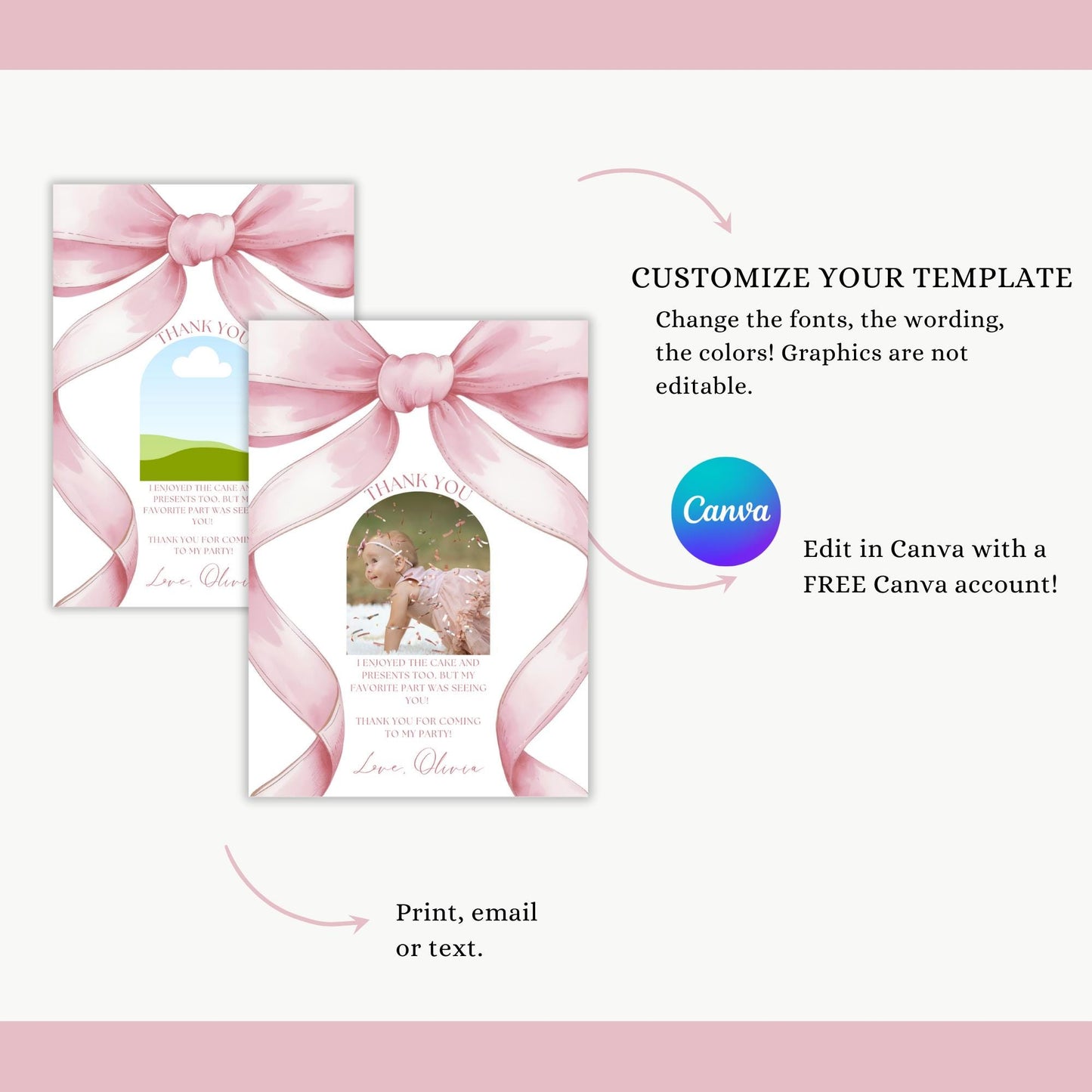 Pink Bow Birthday Thank you Card 1st Birthday Girls Just Wanna Be ONE First Birthday Invite Pink Bow Invitation Template Coquette Aesthetic