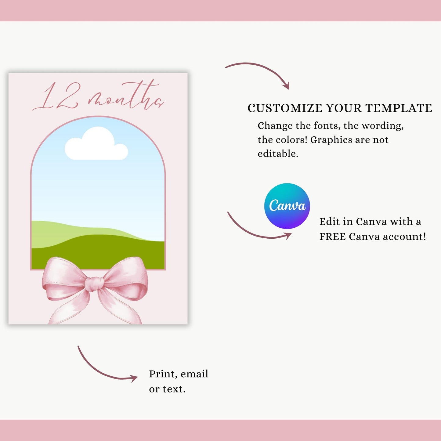 Pink Bow First Birthday Photo Banner Girl 1st Year Milestone Bunting Ribbon Monthly Photo Display 12 Month Garland Editable Template