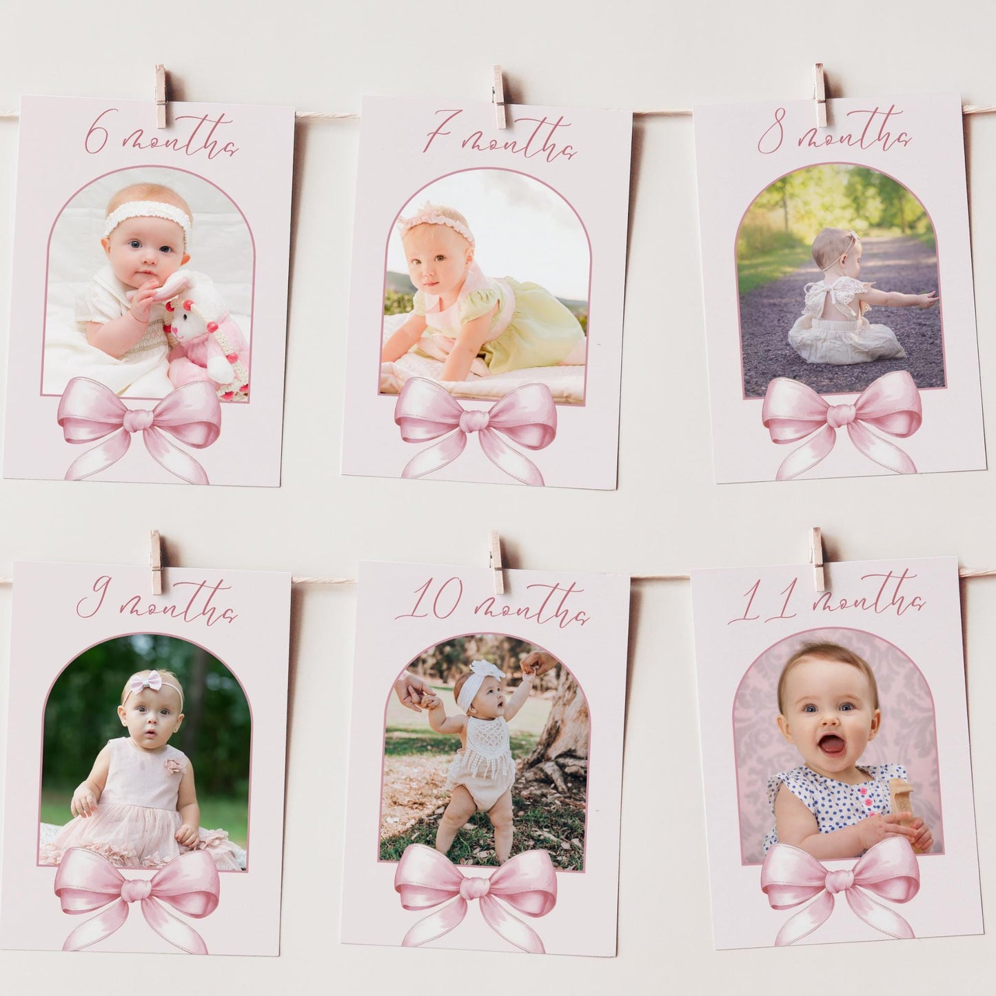 Pink Bow First Birthday Photo Banner Girl 1st Year Milestone Bunting Ribbon Monthly Photo Display 12 Month Garland Editable Template