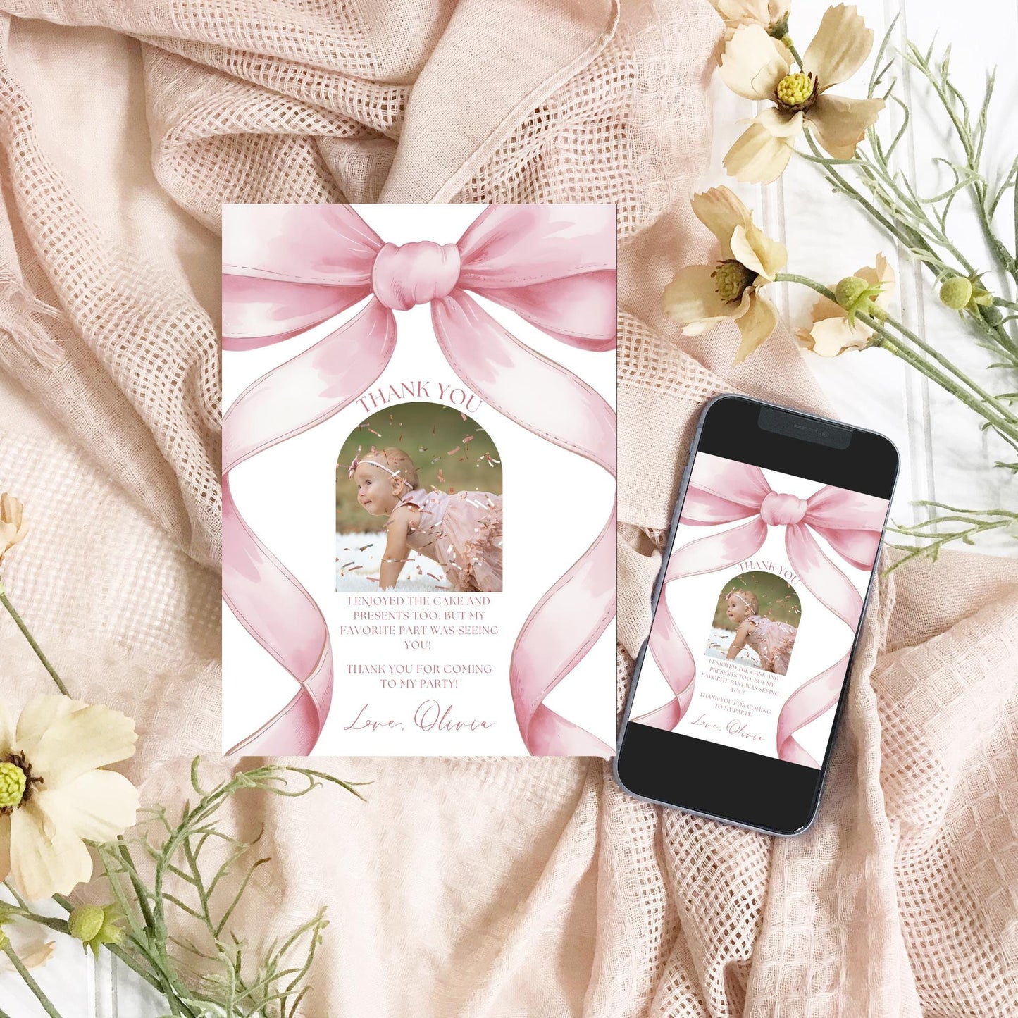Pink Bow Birthday Thank you Card 1st Birthday Girls Just Wanna Be ONE First Birthday Invite Pink Bow Invitation Template Coquette Aesthetic
