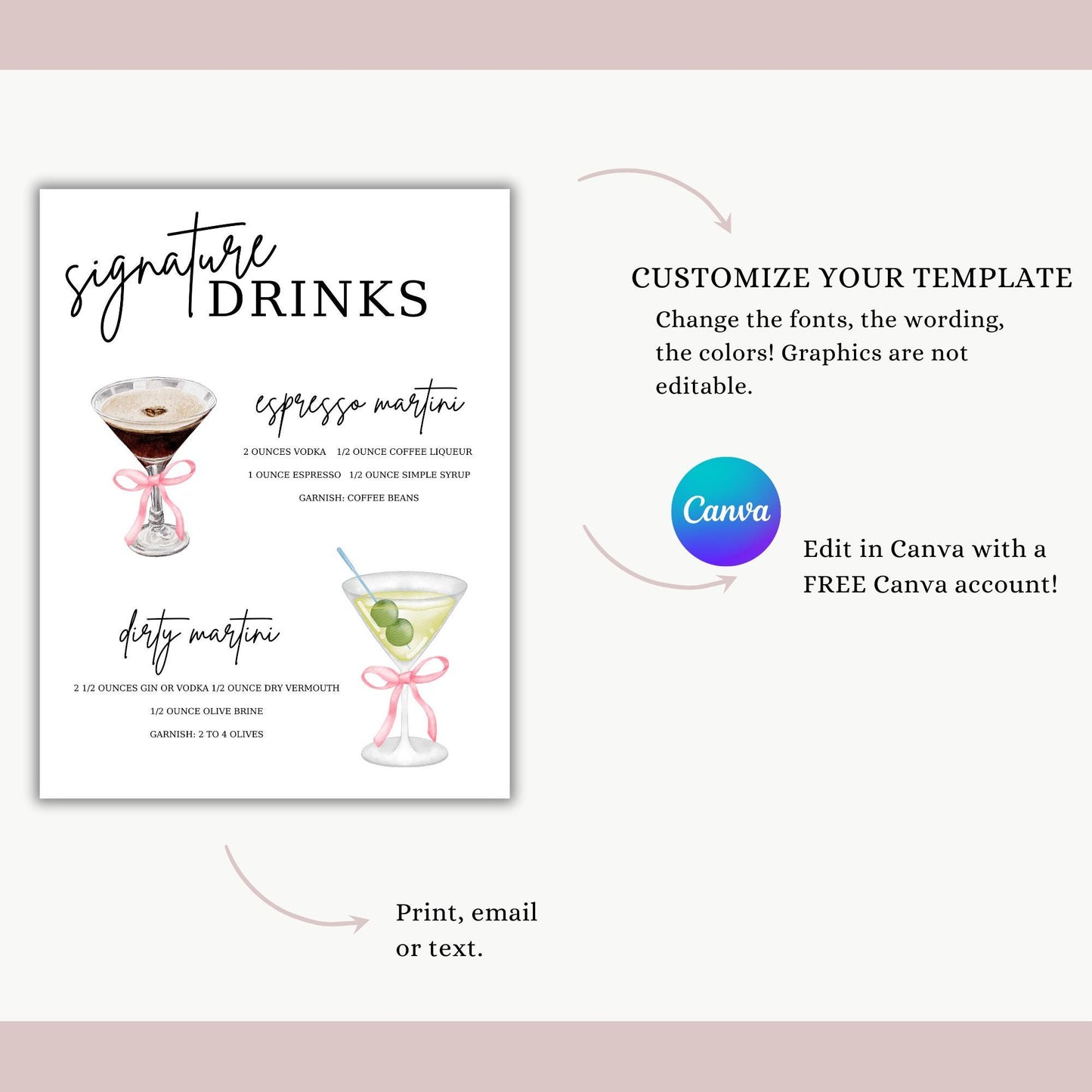 Signature Cocktail, Signature Drink Sign, Wedding Bar Sign, Bar Menu Sign, Wedding Bar Menu, Wedding Cocktails, His And Hers Drinks, Drink Sign Wedding, Watercolor Cocktail, Bar Menu Template, Signature Drink Menu, Open Bar Sign, Modern Wedding Drink