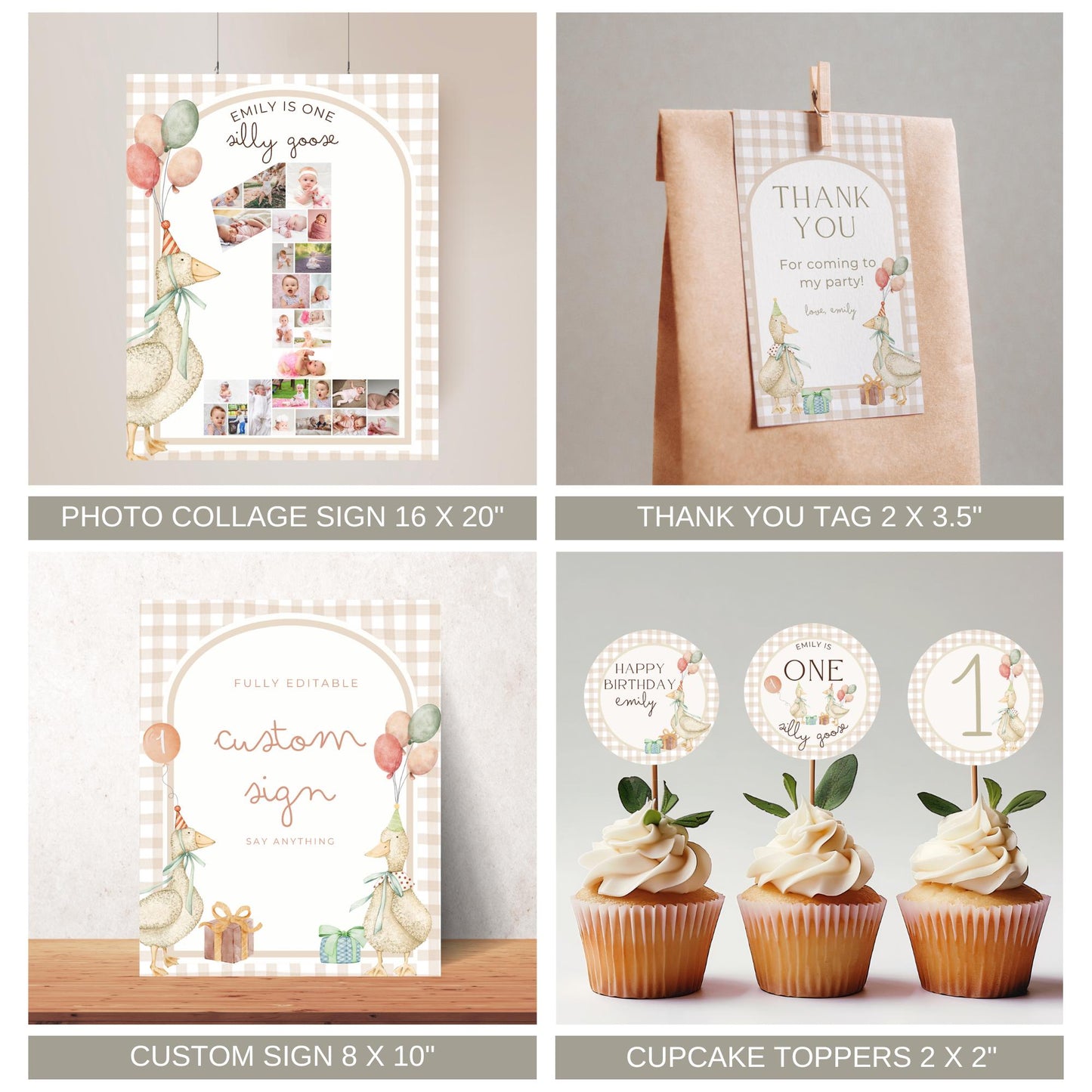 One Silly Goose Birthday Bundle - Vintage Floral Goose Invite - 1st Birthday Templates - Digital Download