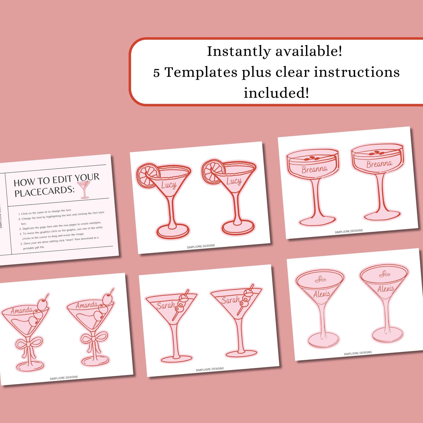 Whimsical Editable Place Cards - Martini Glass Designs for Bridal Showers - Fun Table Decor