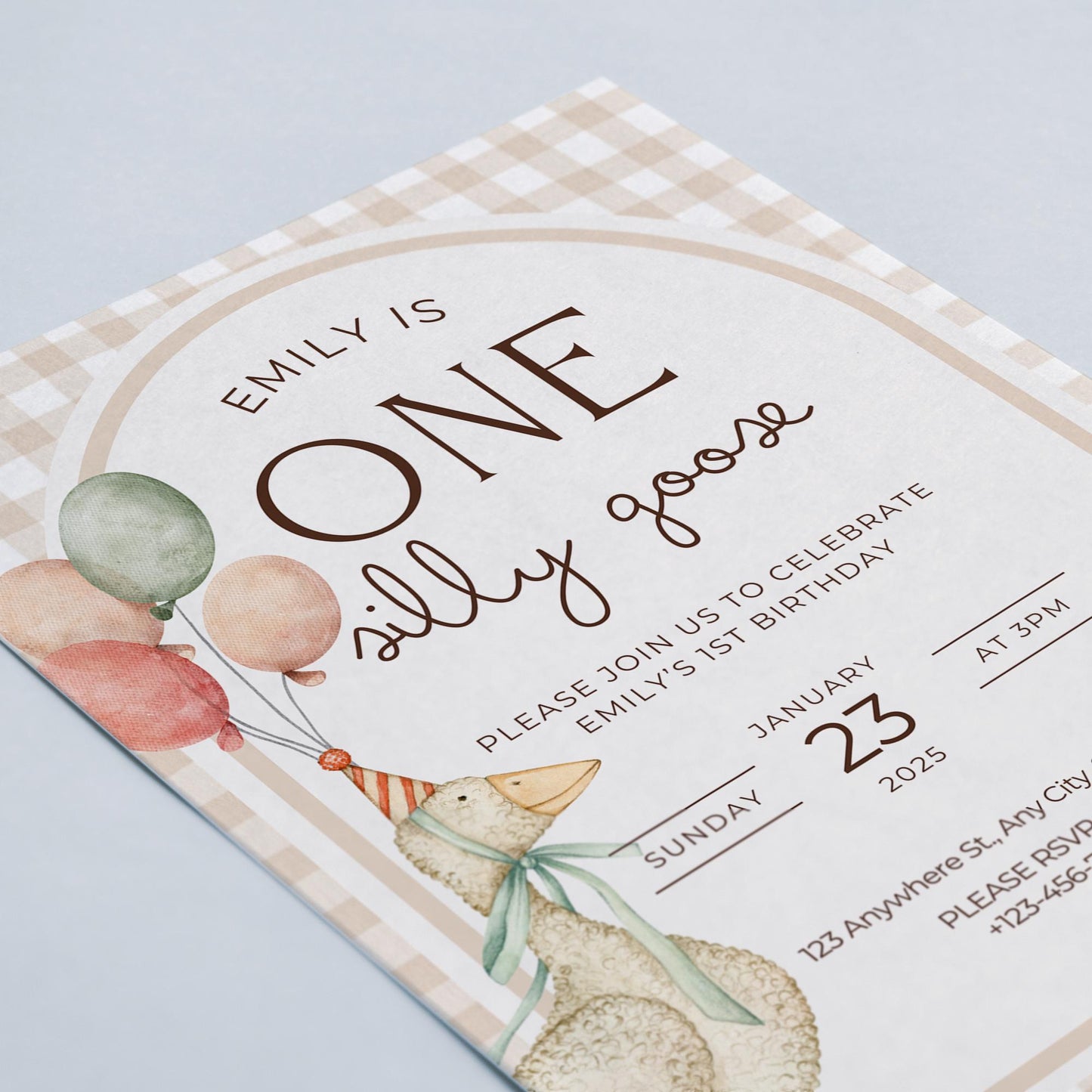 One Silly Goose Birthday Invitation Template | Editable Girl 1st Birthday Pink Printable Invite | Goose First Birthday