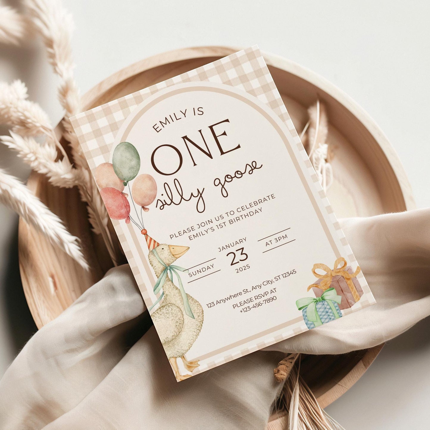 One Silly Goose Gender Neutral First Birthday Invitation, Boys Silly Goose Themed Birthday Suite Natural Decor Printable Template