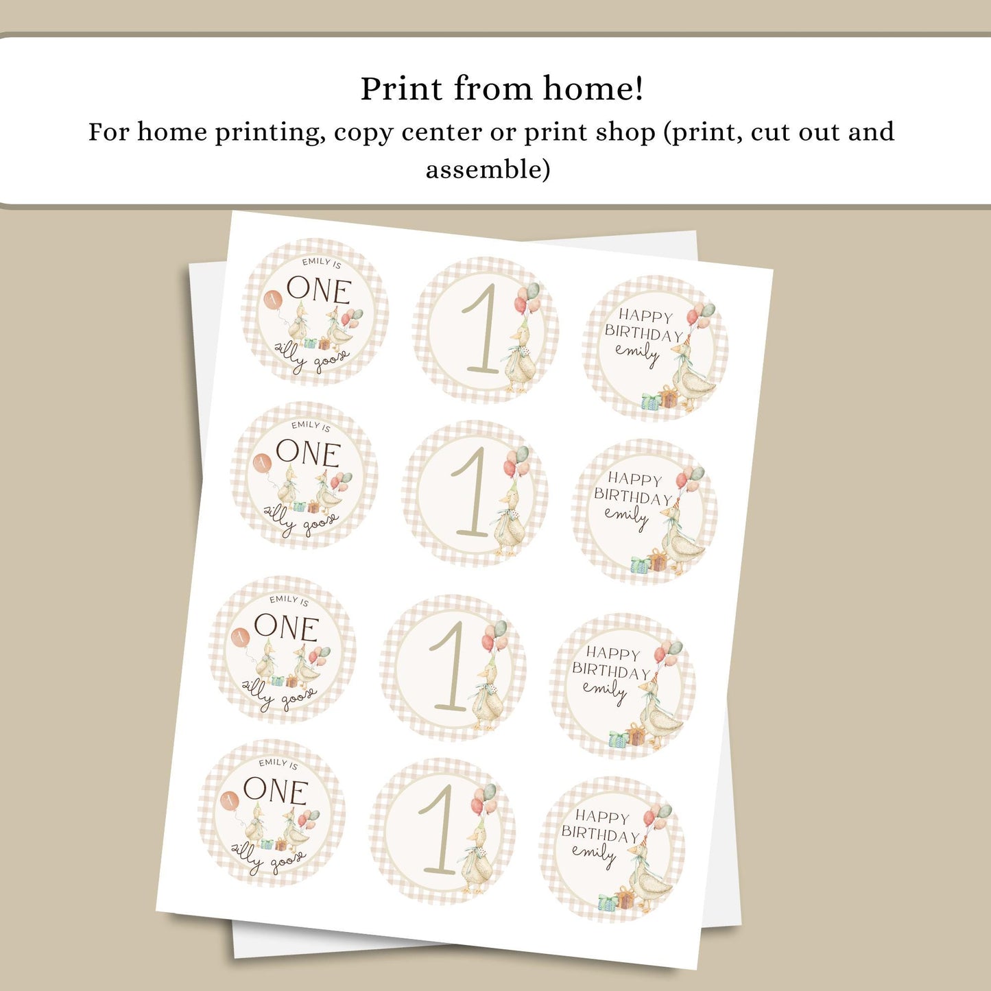 One Silly Goose Birthday Party Cupcake Toppers Editable Cake topper Goose themed Party Silly Goose First 1st Birthday Party Gender Neutral