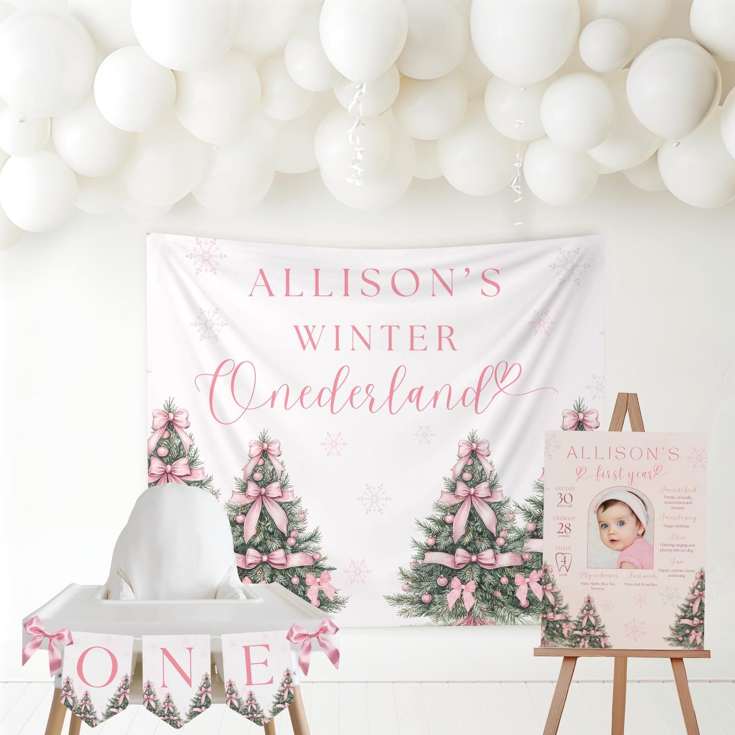 Winter Onederland Birthday Personalized Banner 1st Birthday Winter Wonderland Party Decor Photo Backdrop Winter Custom Pink First Birthday