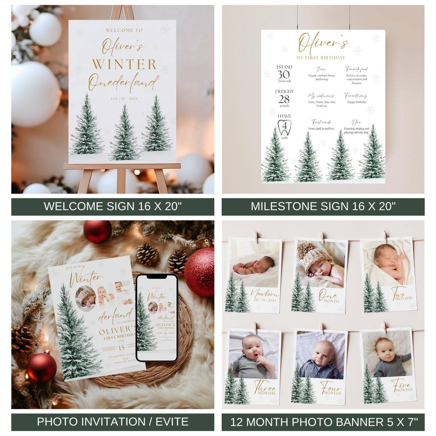 Woodland Winter Onederland Birthday Bundle - Floral Deer Decor - First Birthday Invitations - Editable Template
