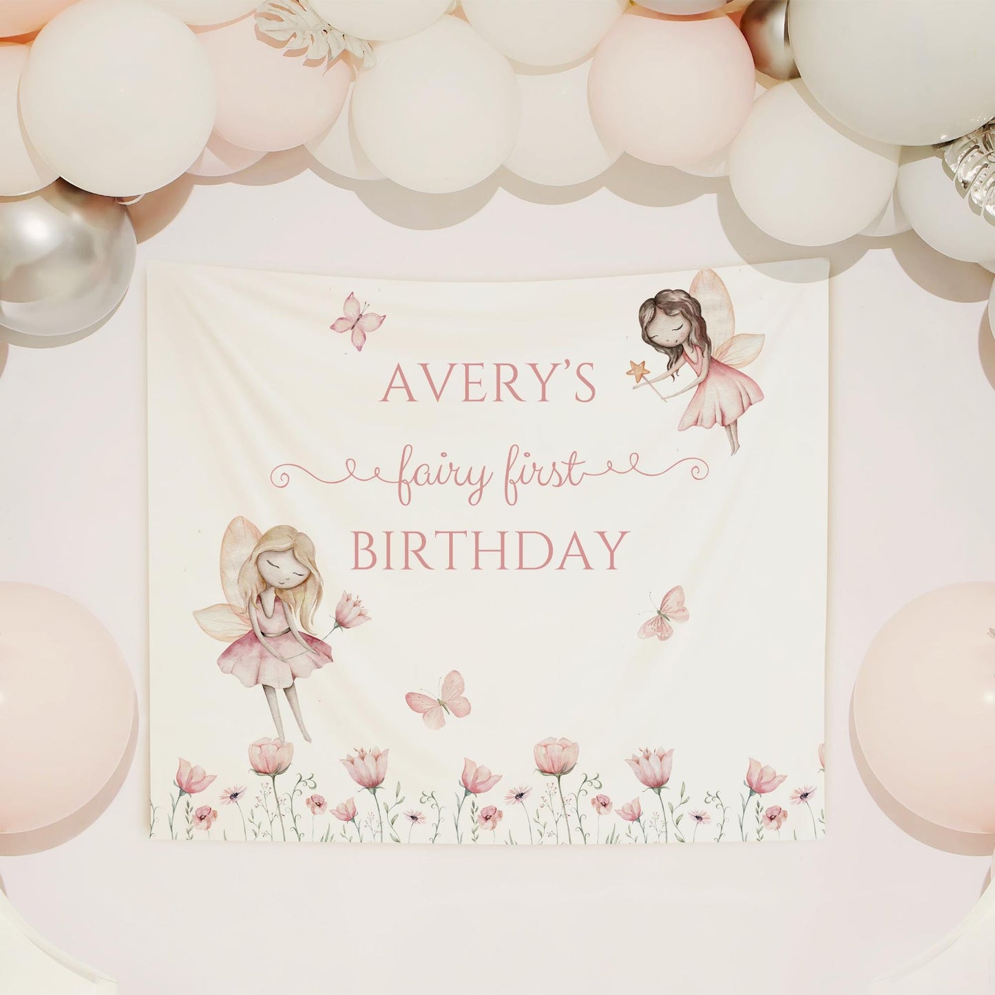 Fairy First Birthday Personalized Banner 1st Birthday Wildflower Fairy Garden Party Decor Backdrop Little Fairy turning One party sign