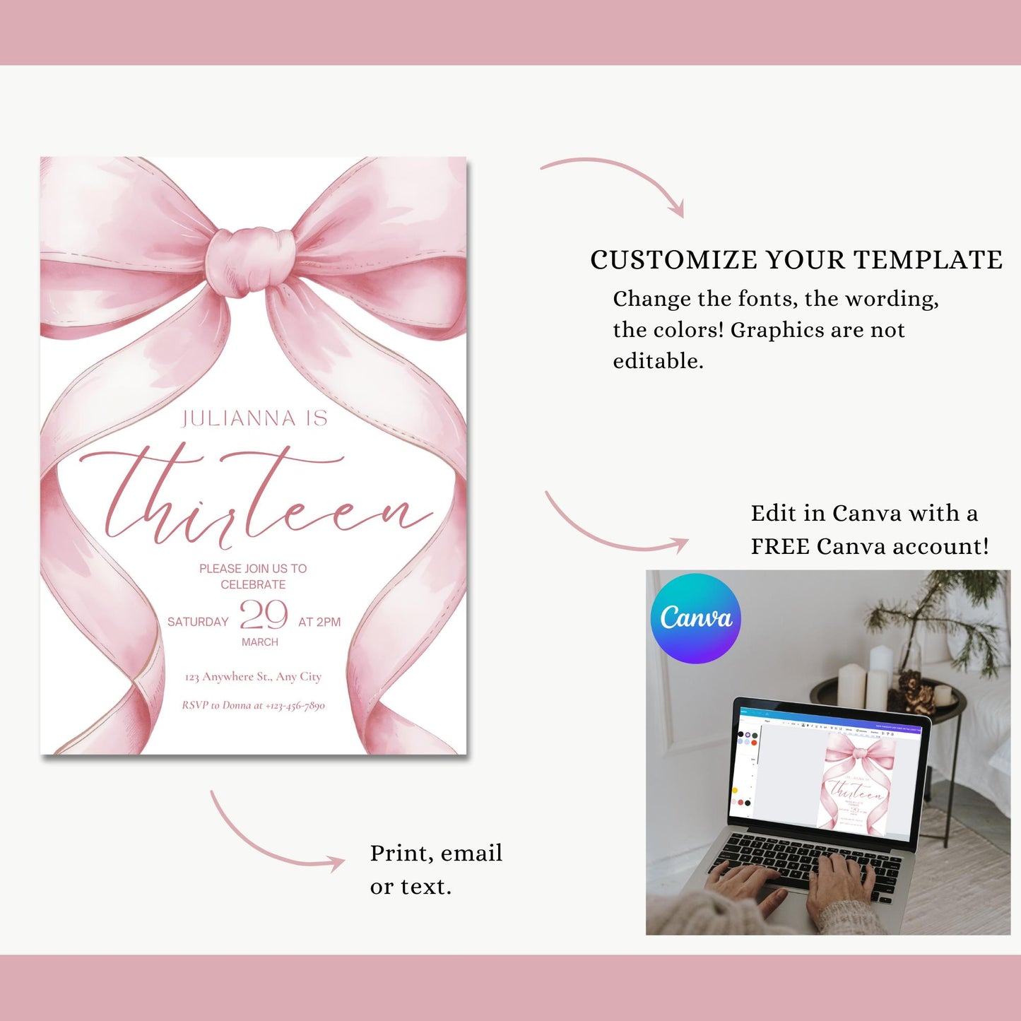 Pink Coquette Invite 13 year old girl birthday invitation 13th Birthday Invitation Girl thirteenth Pink Bow Birthday Teen Birthday Party