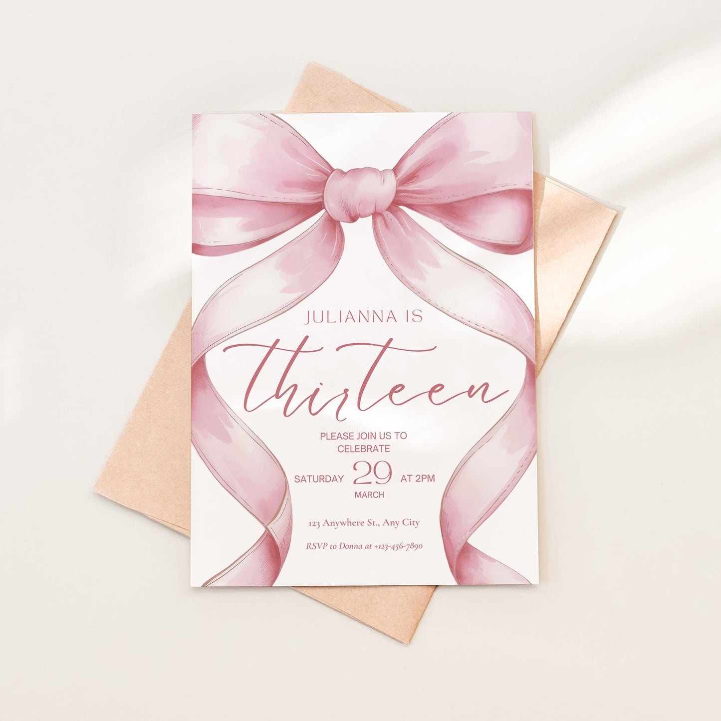 Pink Coquette Invite 13 year old girl birthday invitation 13th Birthday Invitation Girl thirteenth Pink Bow Birthday Teen Birthday Party