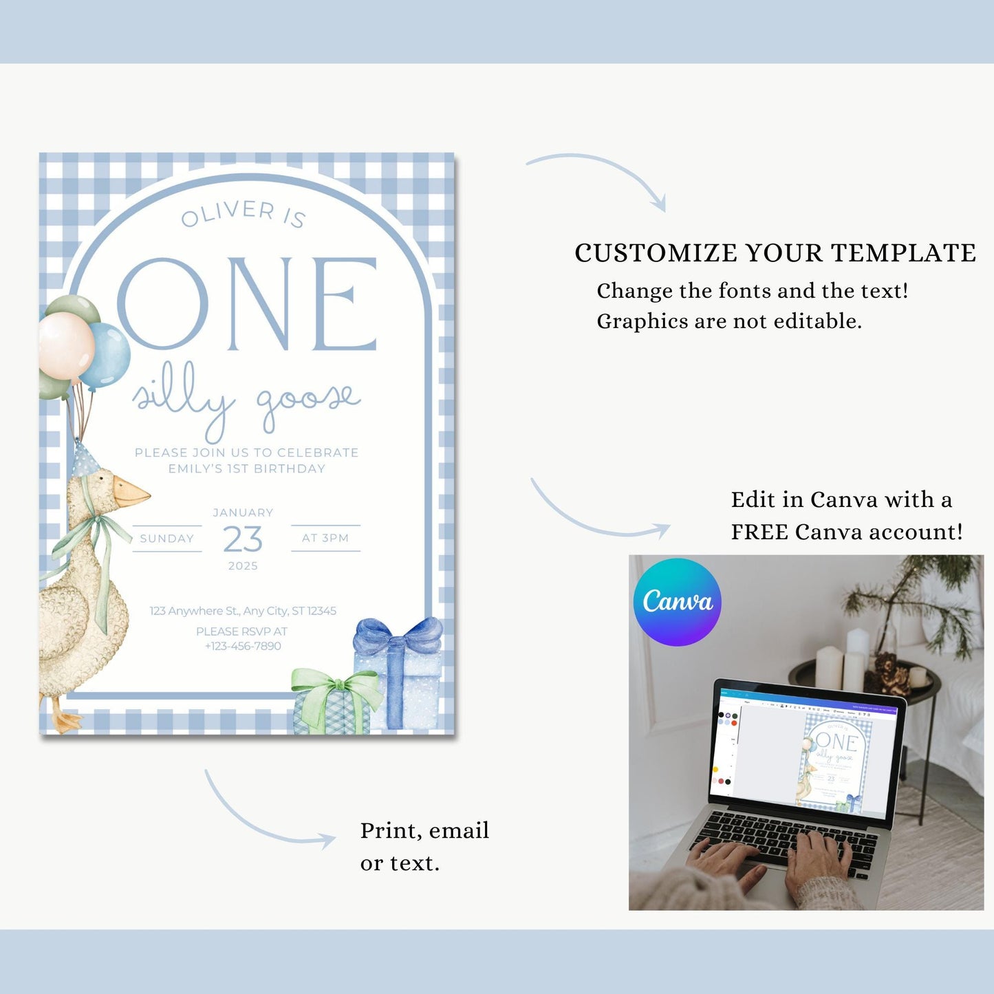 One Silly Goose Birthday Invite Blue Boy First Birthday 1st Birthday Silly Goose Decor Editable Invitation Nursery Rhyme Birthday