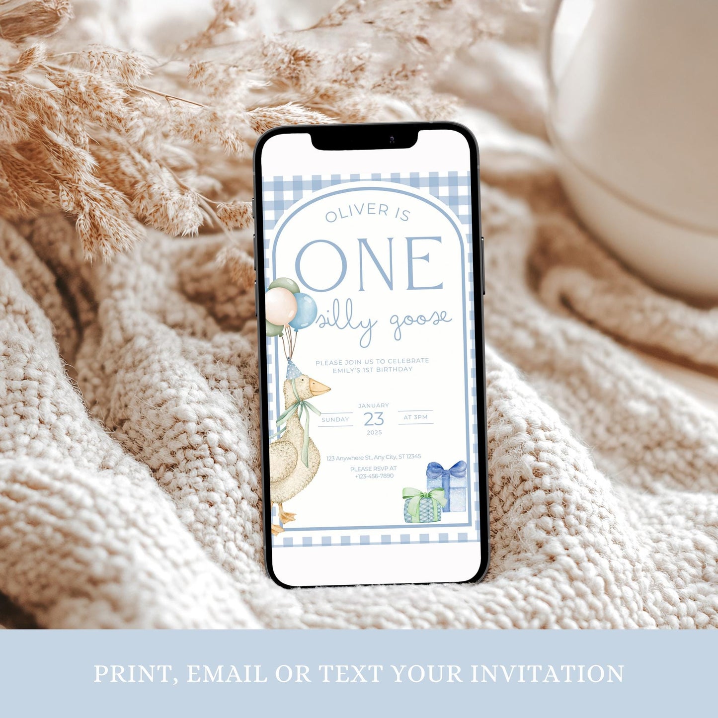 One Silly Goose Birthday Invite Blue Boy First Birthday 1st Birthday Silly Goose Decor Editable Invitation Nursery Rhyme Birthday