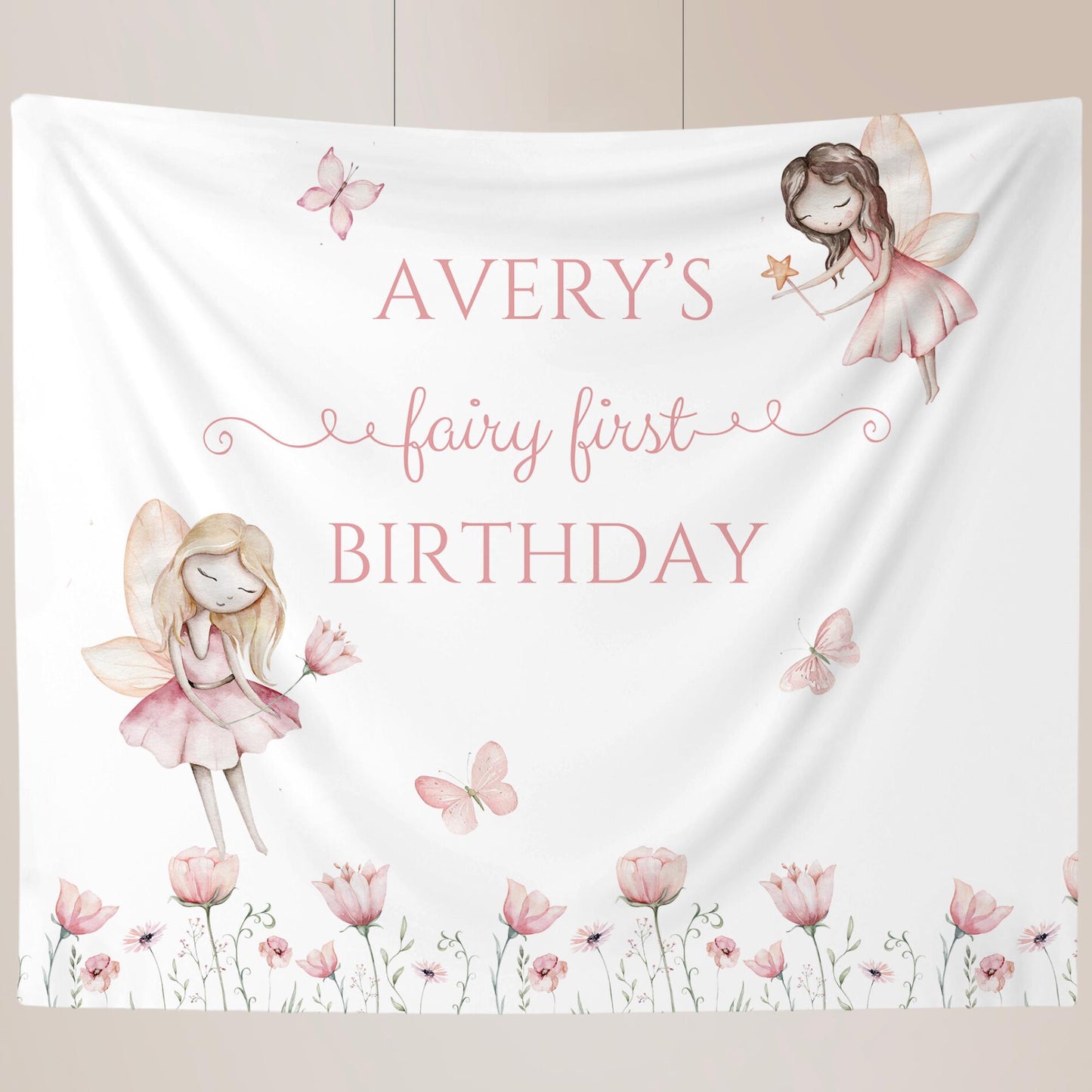 Fairy First Birthday Personalized Banner 1st Birthday Wildflower Fairy Garden Party Decor Backdrop Little Fairy turning One party sign