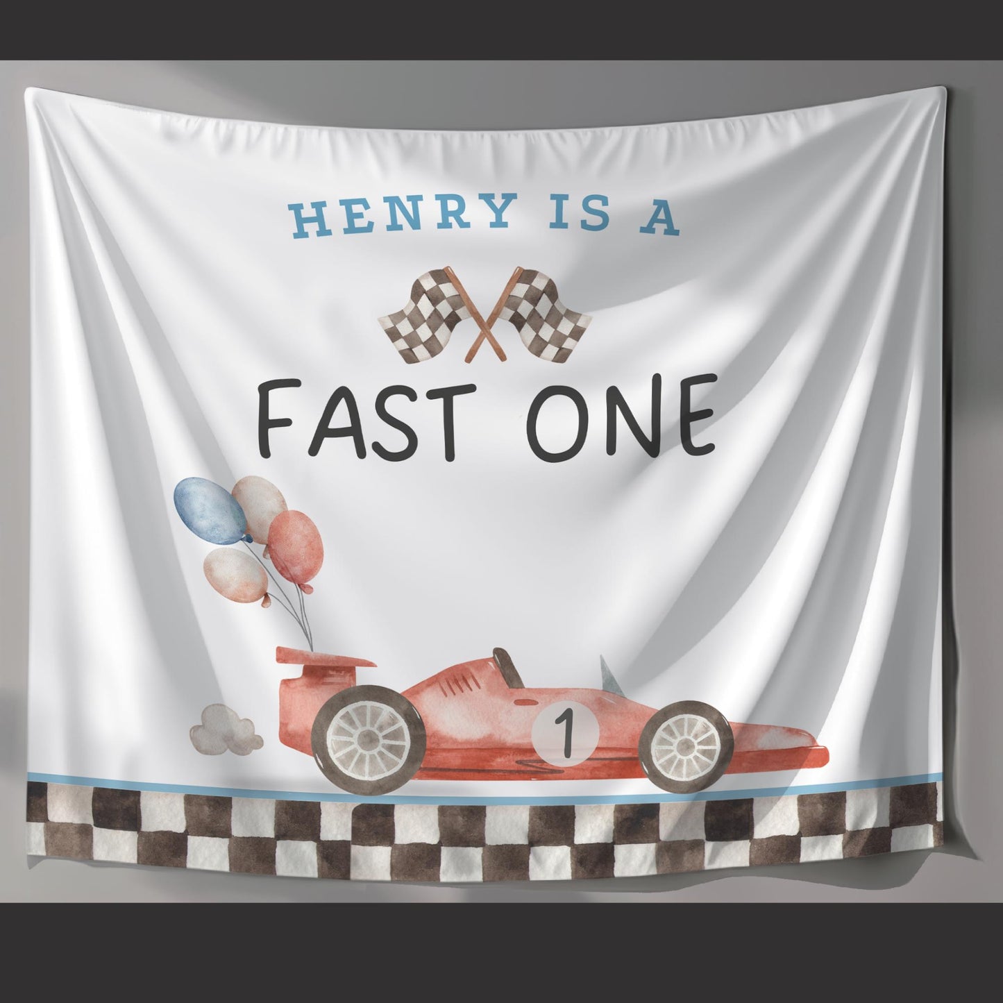 Fast One Birthday Personalized Banner 1st Birthday Racecar Party Decor Photo Backdrop Racing Custom Banner first lap down Wall Decor