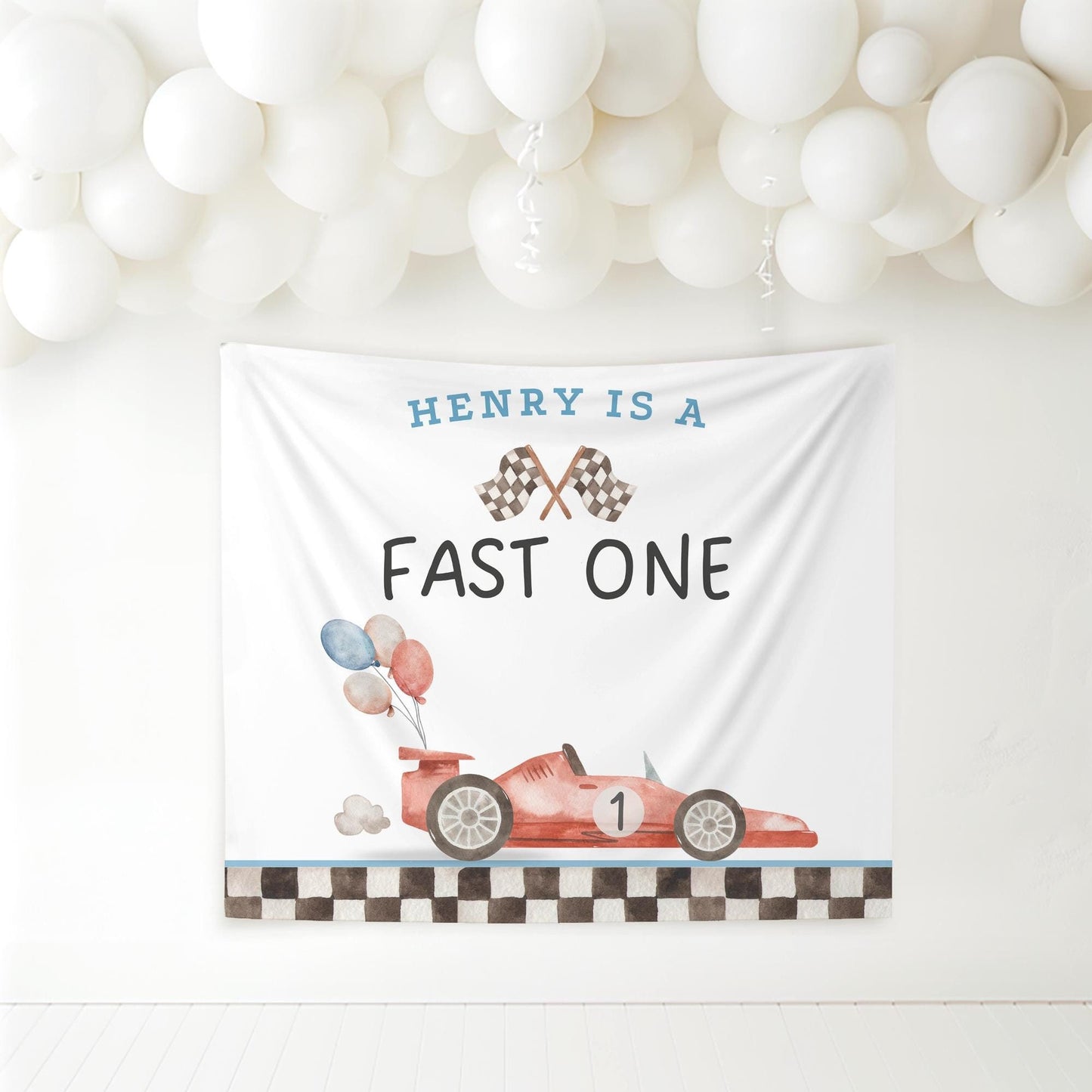 Fast One Birthday Personalized Banner 1st Birthday Racecar Party Decor Photo Backdrop Racing Custom Banner first lap down Wall Decor