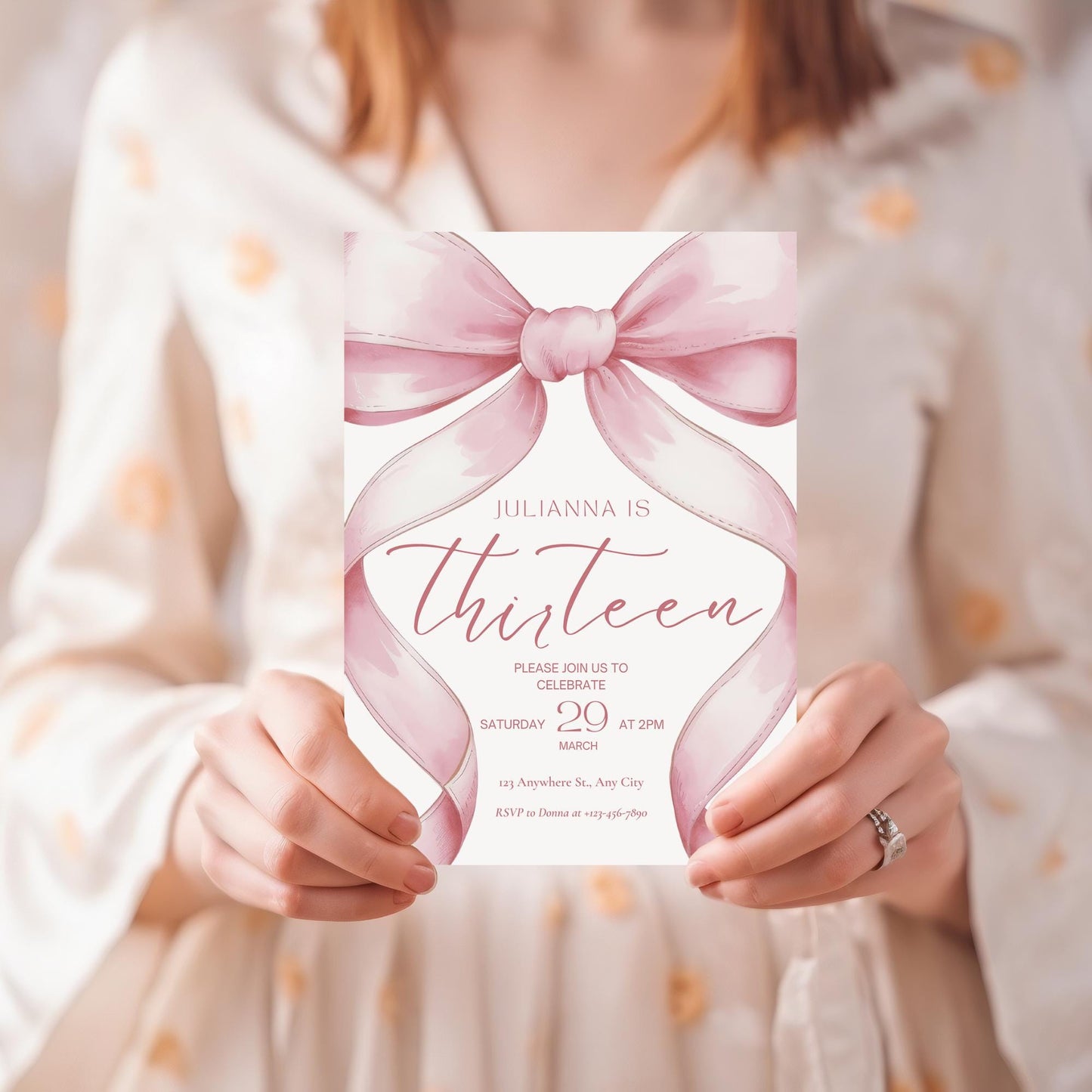 Pink Coquette Invite 13 year old girl birthday invitation 13th Birthday Invitation Girl thirteenth Pink Bow Birthday Teen Birthday Party