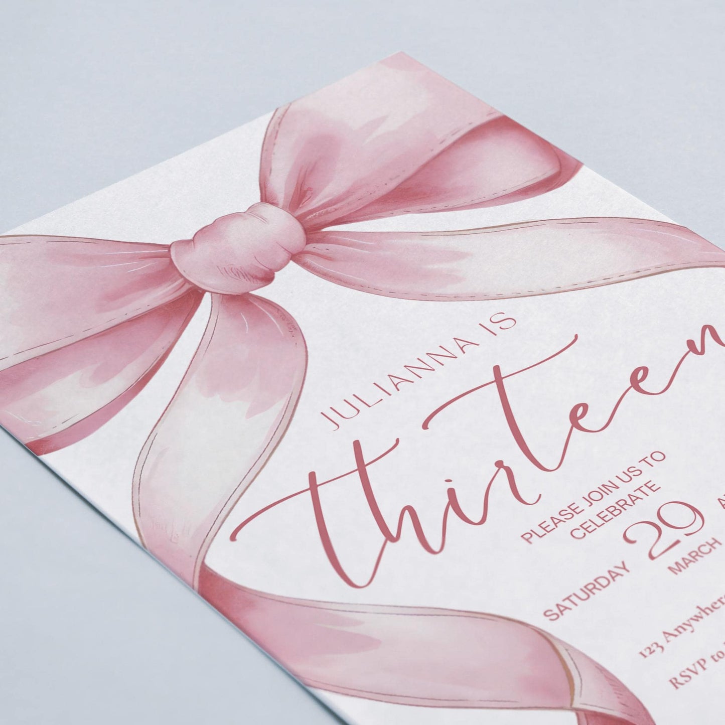 Pink Coquette Invite 13 year old girl birthday invitation 13th Birthday Invitation Girl thirteenth Pink Bow Birthday Teen Birthday Party