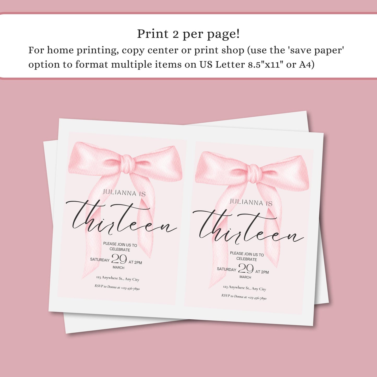 13th birthday invitation girl Pink Coquette Invite 13 year old girl Birthday Girl thirteenth Pink Bow Birthday Teen Birthday Party
